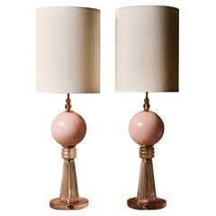 Pair of Blush Pink Handblown Glass Table Lamps and Brass Accents