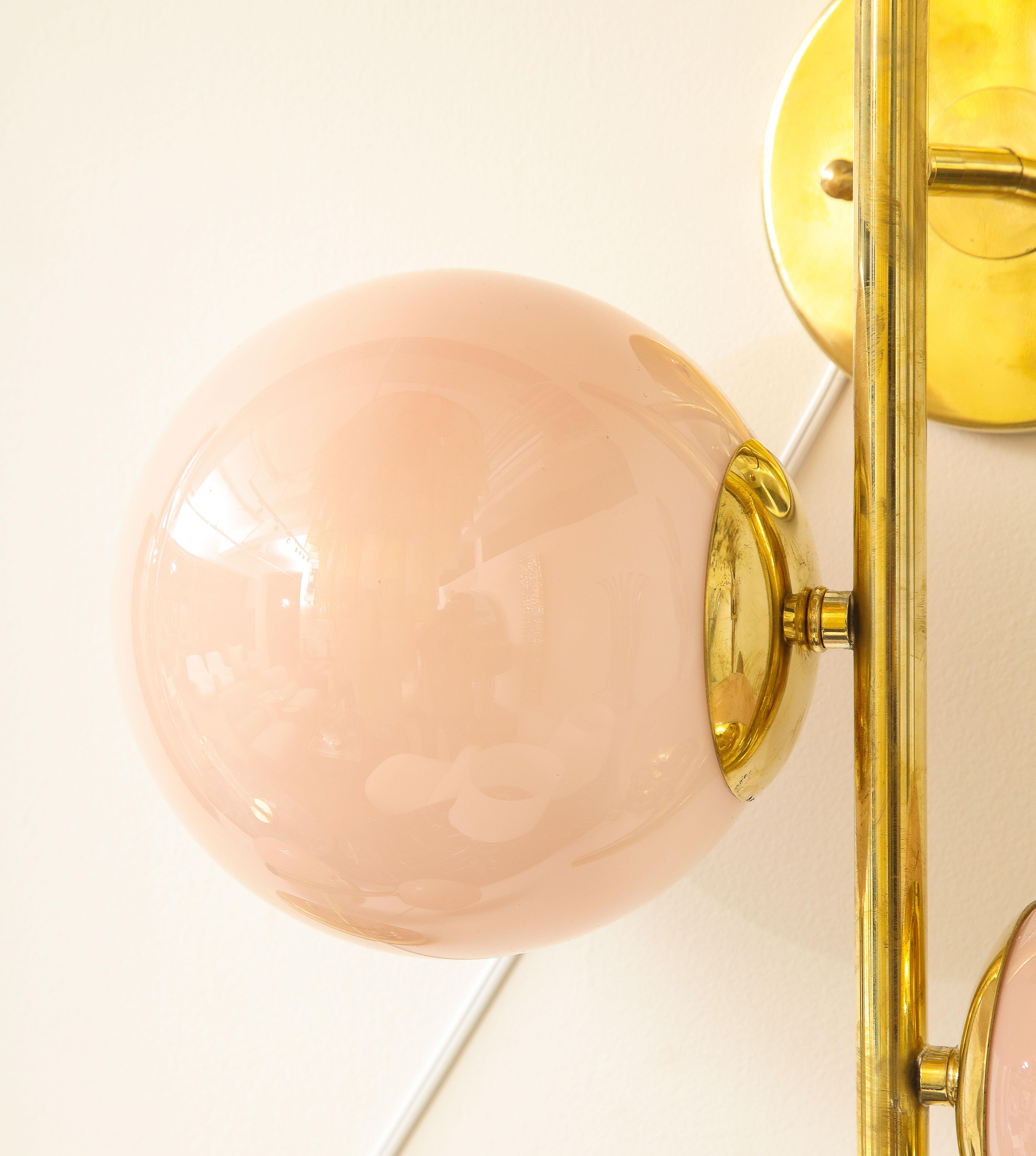 Pair of Blush Pink Murano Glass Globes and Brass Sconces, Italy, 2022 2