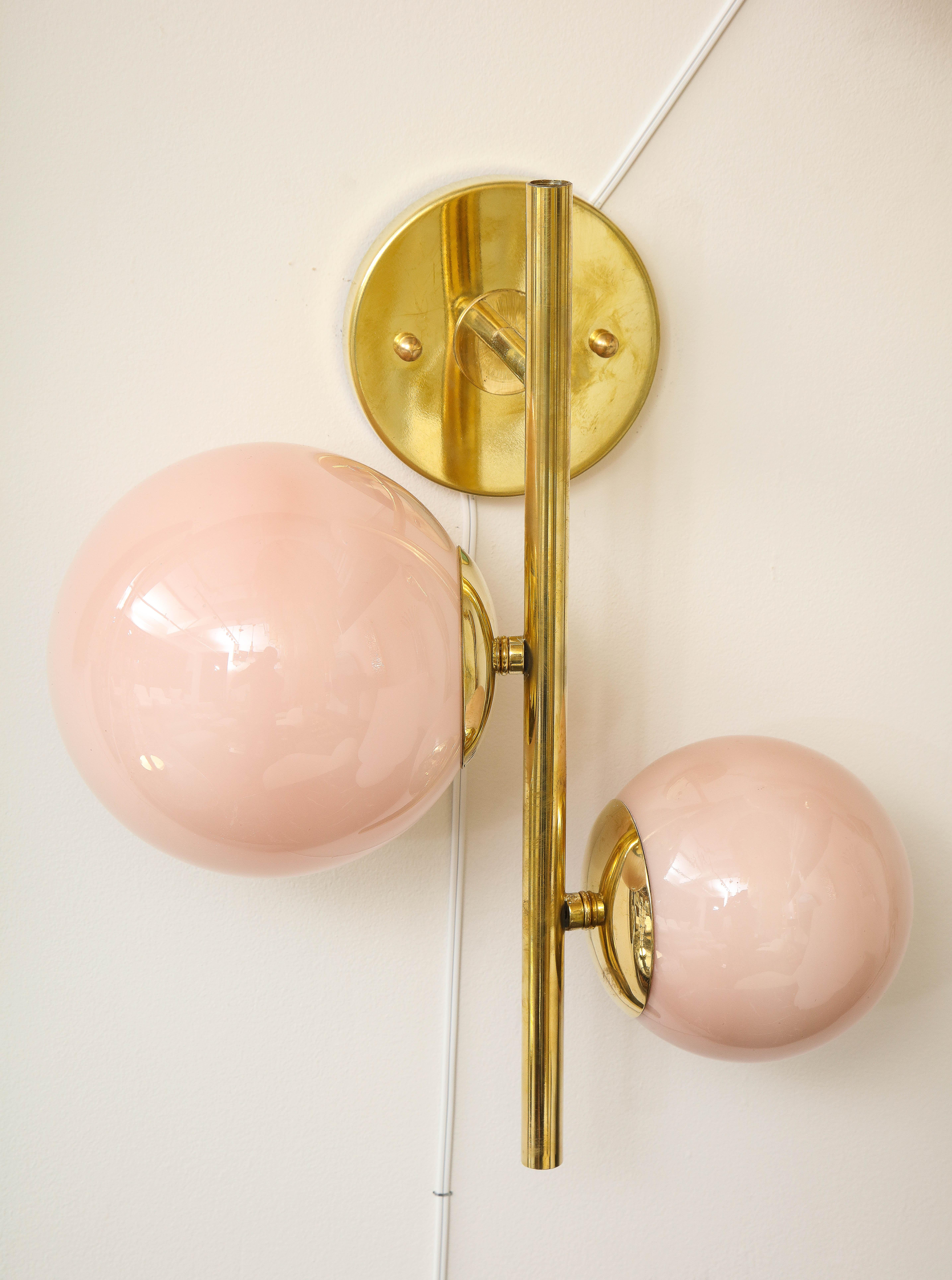 Pair of Blush Pink Murano Glass Globes and Brass Sconces, Italy, 2022 4