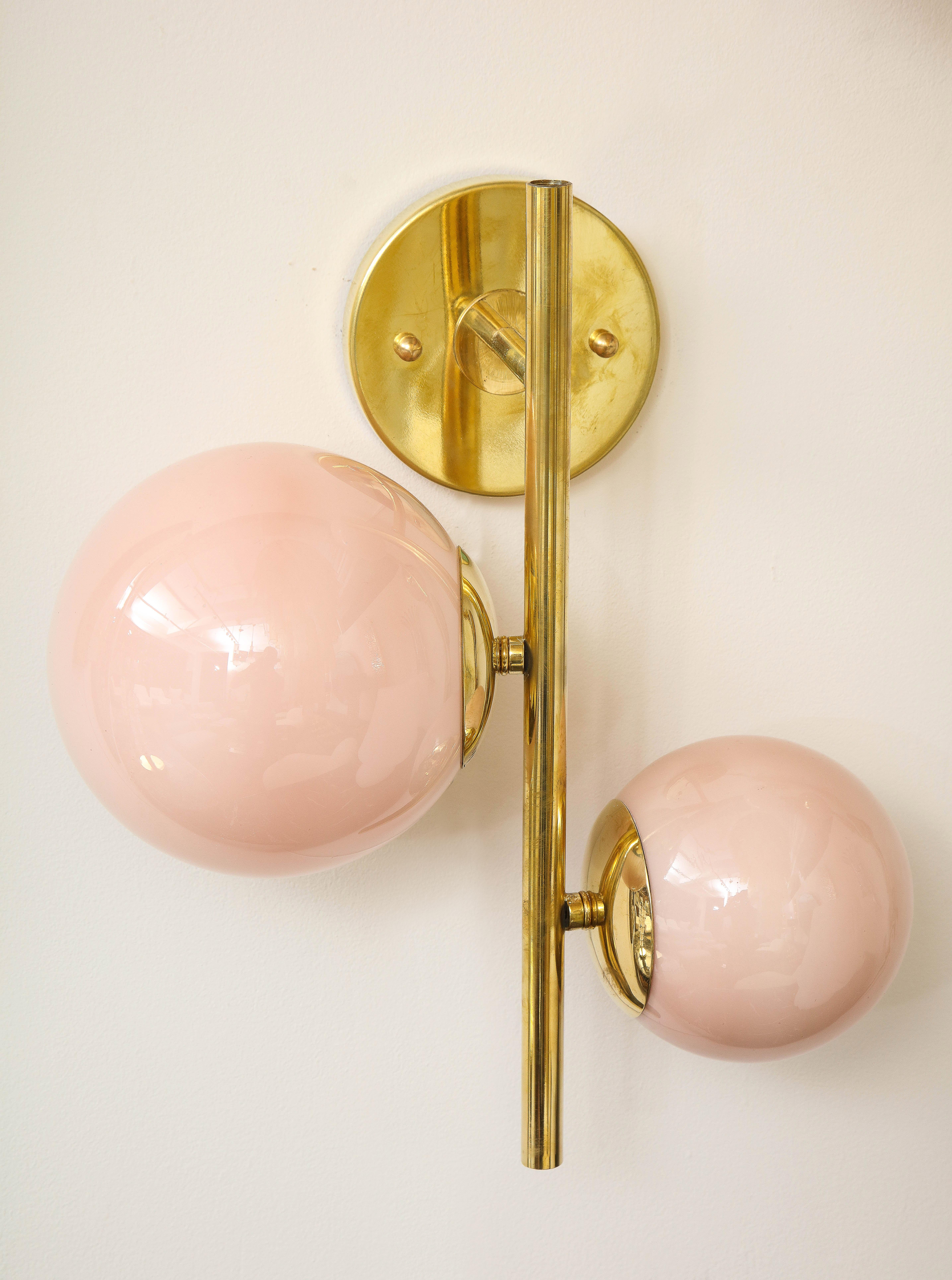 Pair of Blush Pink Murano Glass Globes and Brass Sconces, Italy, 2022 5