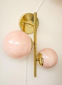 Pair of Blush Pink Murano Glass Globes and Brass Sconces, Italy, 2022