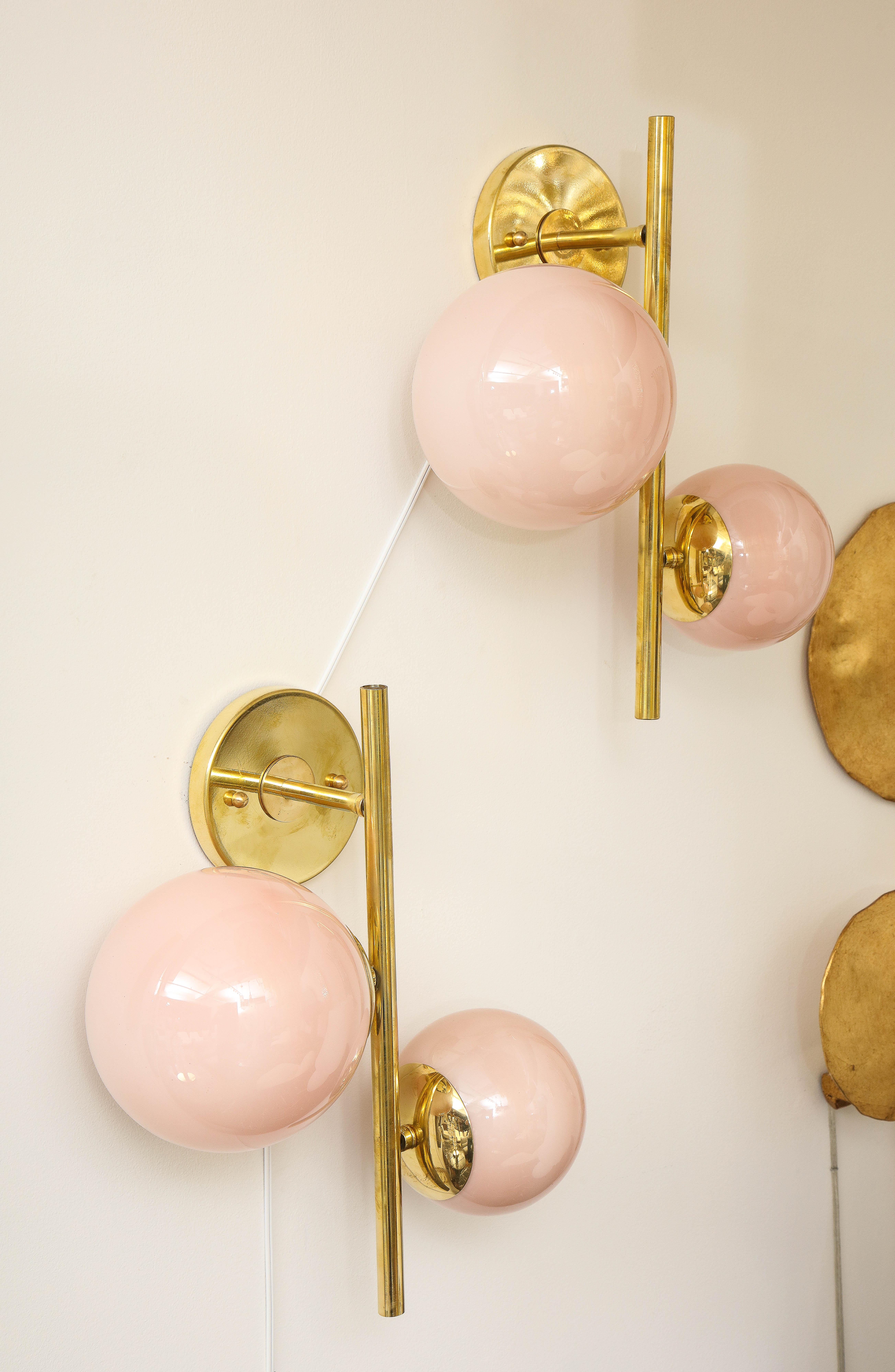 Mid-Century Modern Pair of Blush Pink Murano Glass Globes and Brass Sconces, Italy, 2022