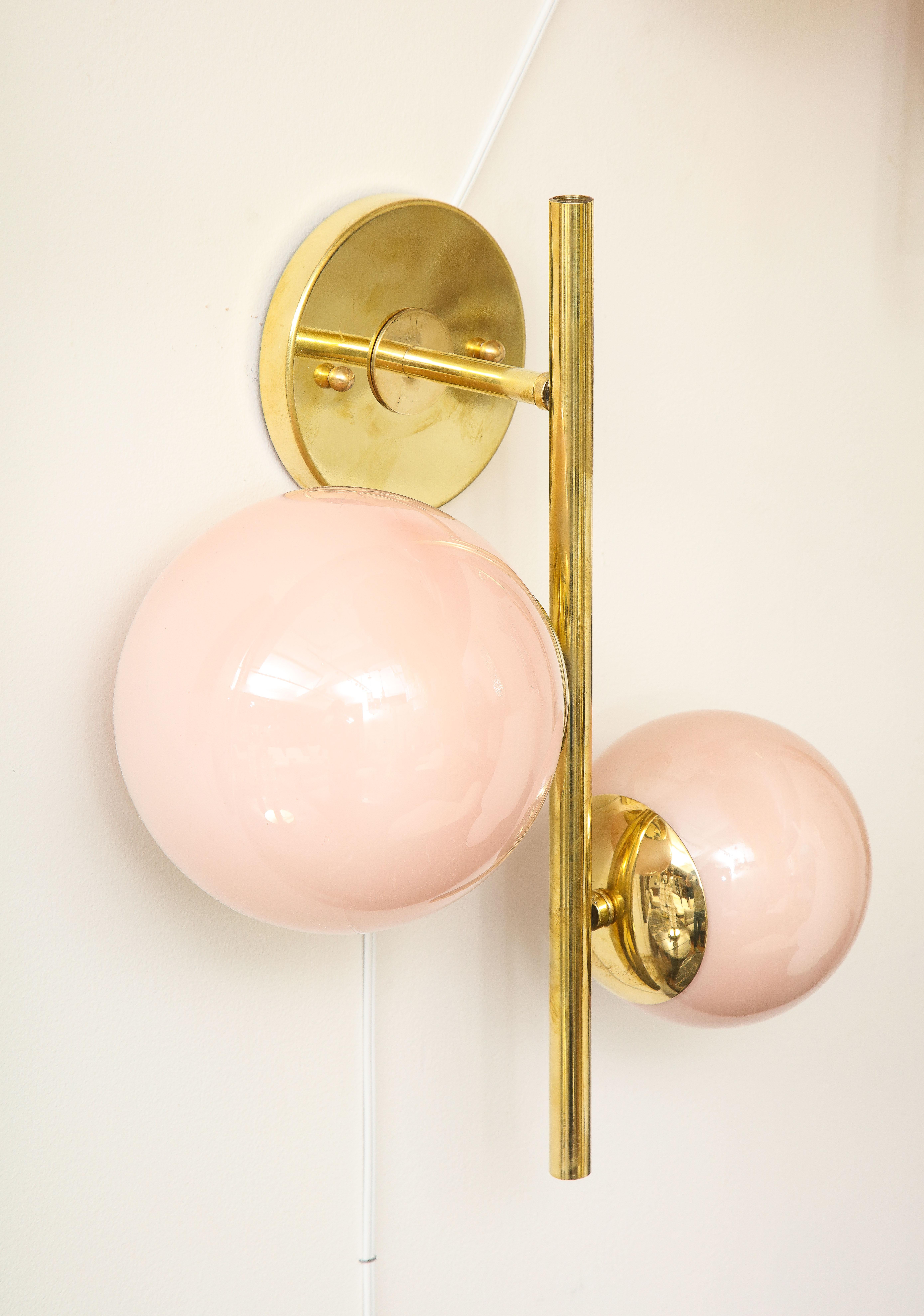 Italian Pair of Blush Pink Murano Glass Globes and Brass Sconces, Italy, 2022