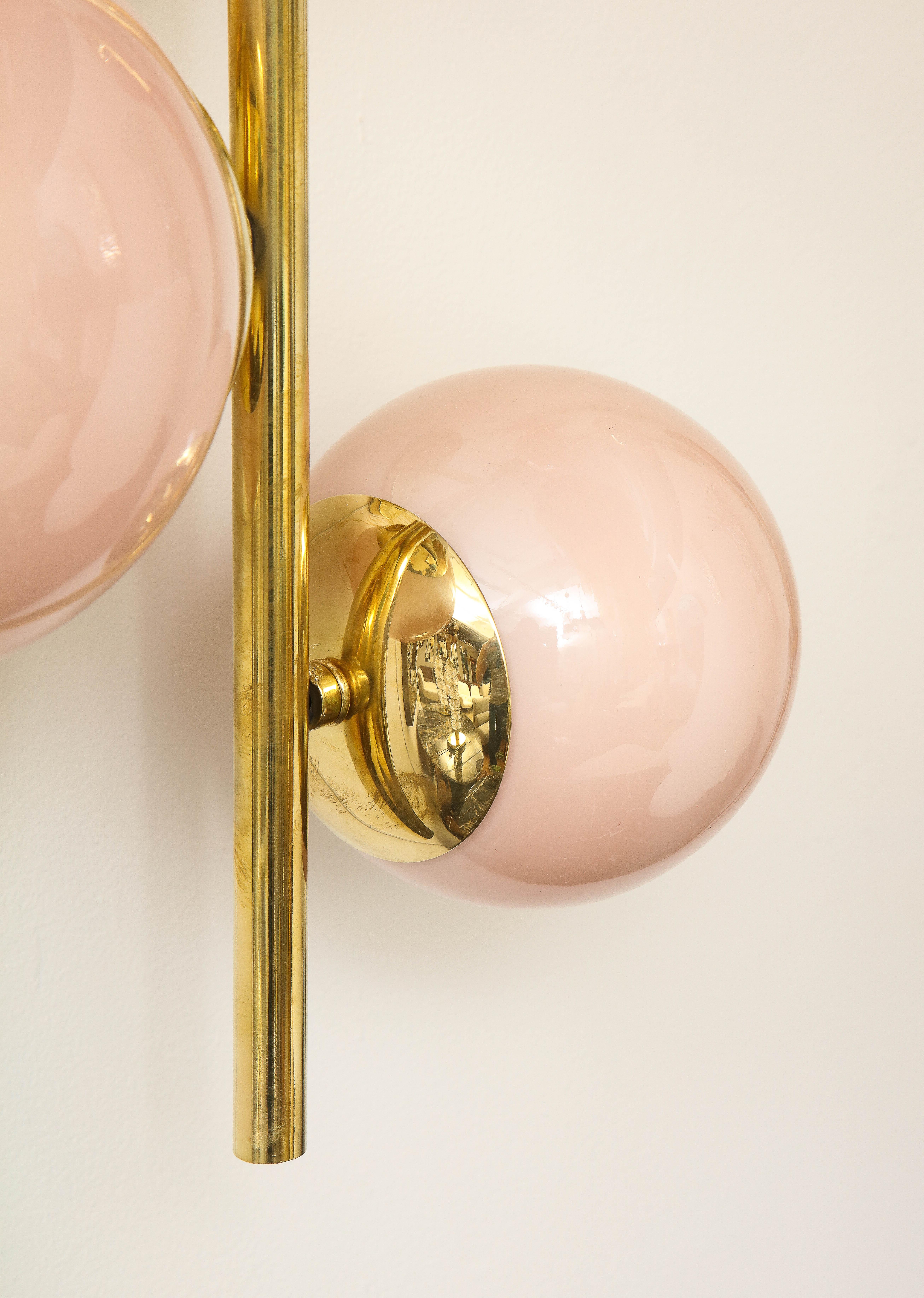 Hand-Crafted Pair of Blush Pink Murano Glass Globes and Brass Sconces, Italy, 2022
