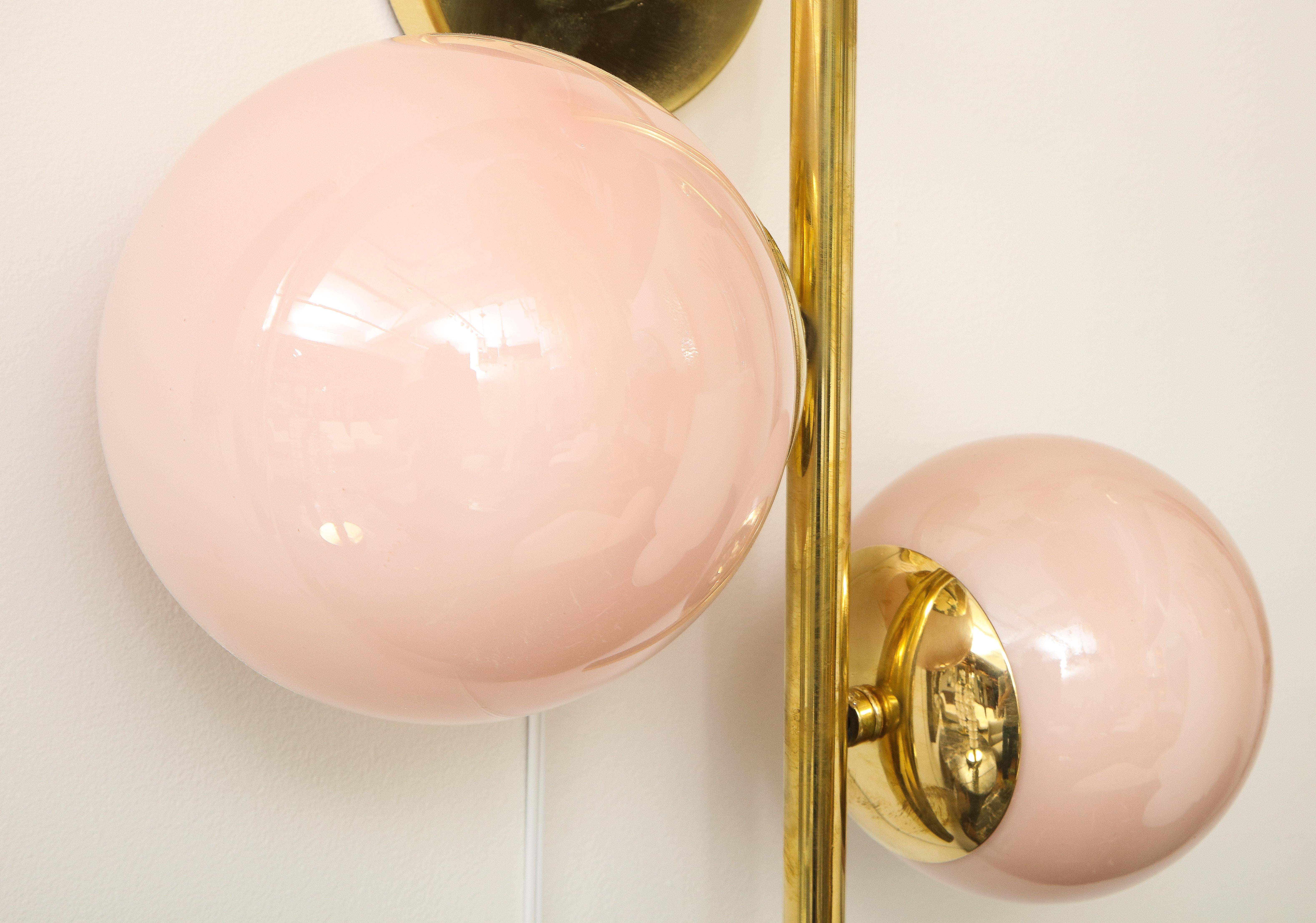 Pair of Blush Pink Murano Glass Globes and Brass Sconces, Italy, 2022 6