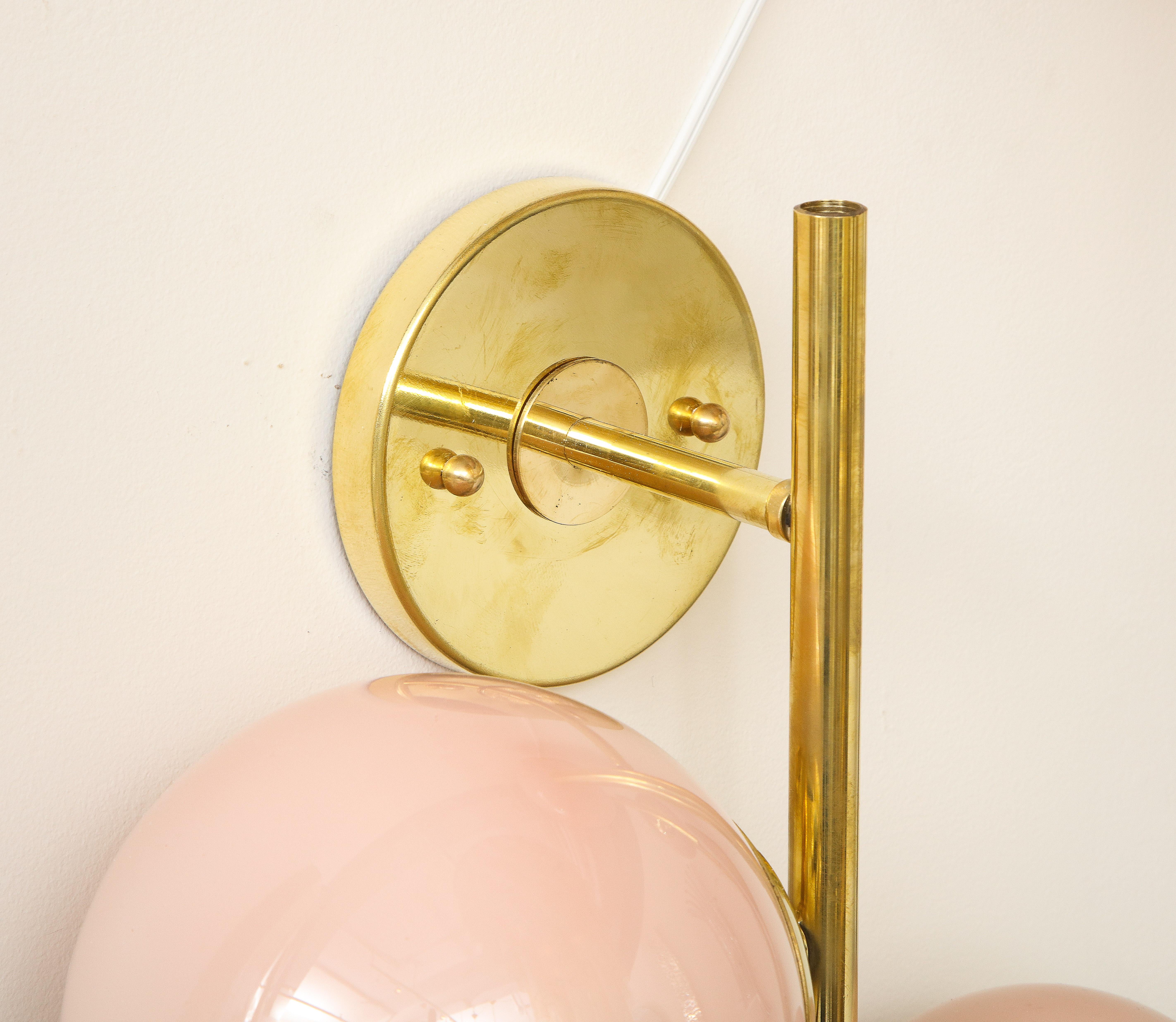 Pair of Blush Pink Murano Glass Globes and Brass Sconces, Italy, 2022 In New Condition In New York, NY