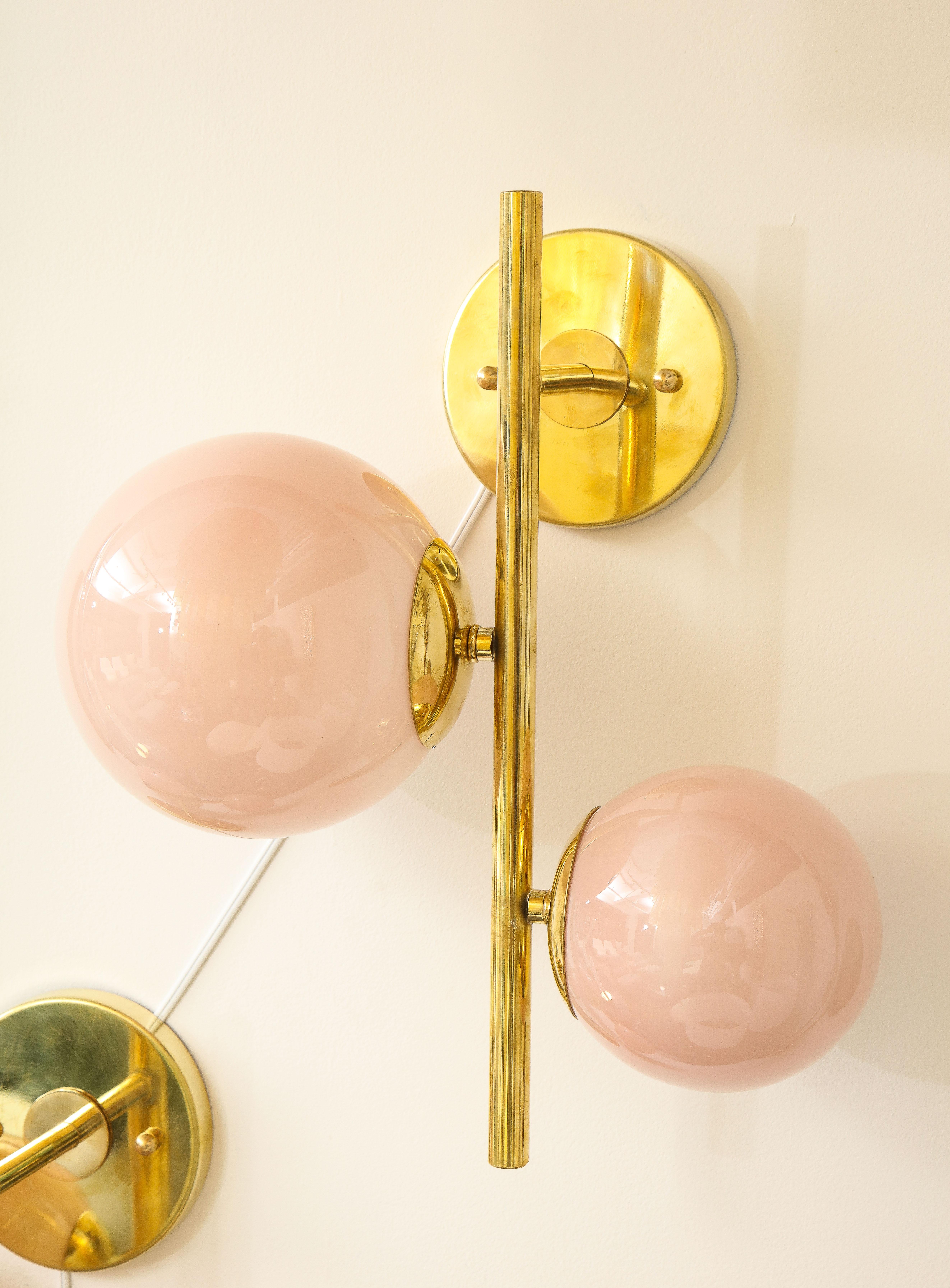 Pair of Blush Pink Murano Glass Globes and Brass Sconces, Italy, 2022 1