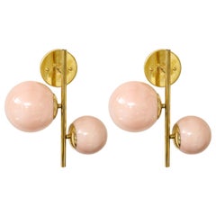 Pair of Blush Pink Murano Glass Globes and Brass Sconces, Italy, 2022