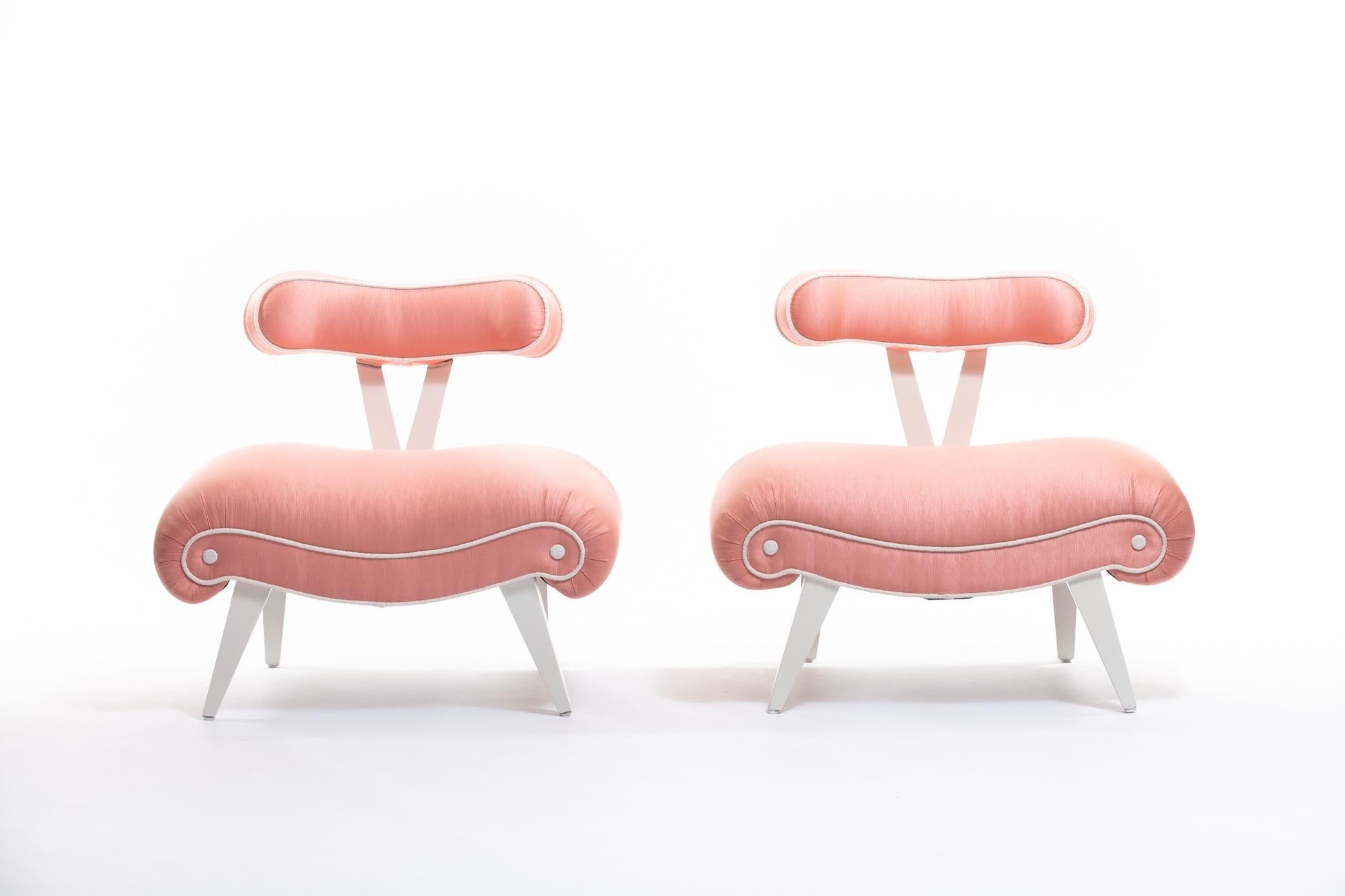 Pair of Blush Pink Peach Grosfeld House Slipper Chairs, circa 1940s 10