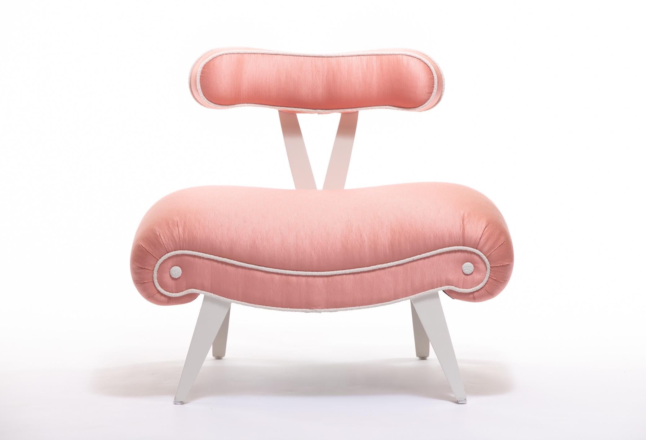 Hollywood Regency Pair of Blush Pink Peach Grosfeld House Slipper Chairs, circa 1940s