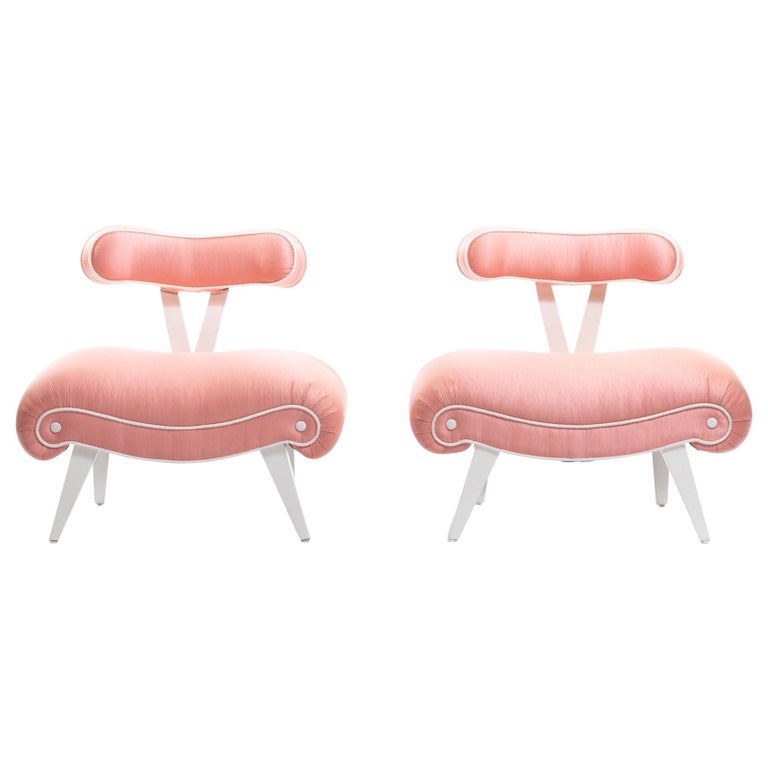 Grosfeld House Pair of Pink-Peach Slipper Chairs, 1940s, offered by Interior Motives