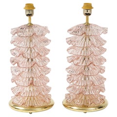Pair of Blush Pink "Petals" Murano Glass and Brass Table Lamps, Italy, 2022