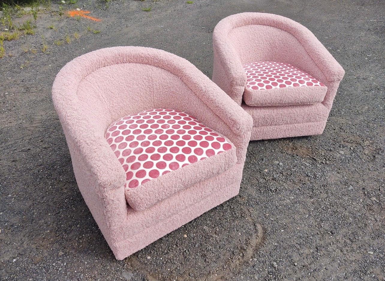 Metal Pair of Blush Pink Shearling Boucle Tub Chairs on Casters Newly Upholstered