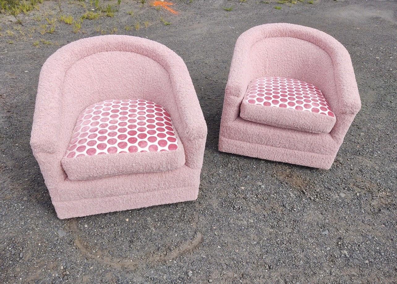 Pair of Blush Pink Shearling Boucle Tub Chairs on Casters Newly Upholstered 1