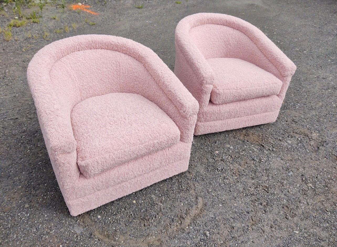 Pair of Blush Pink Shearling Boucle Tub Chairs on Casters Newly Upholstered 2