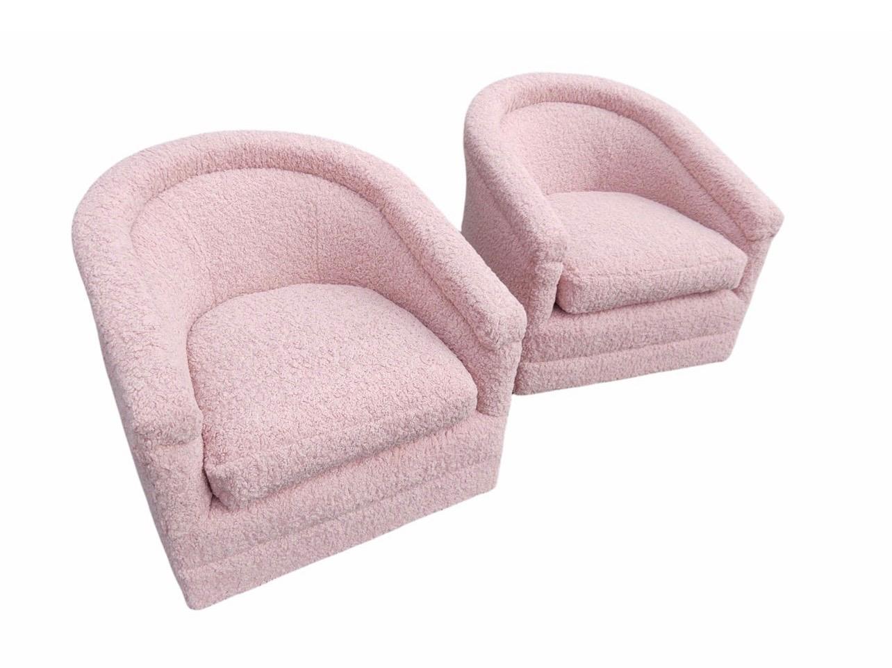 Pair of Blush Pink Shearling Boucle Tub Chairs on Casters Newly Upholstered 3