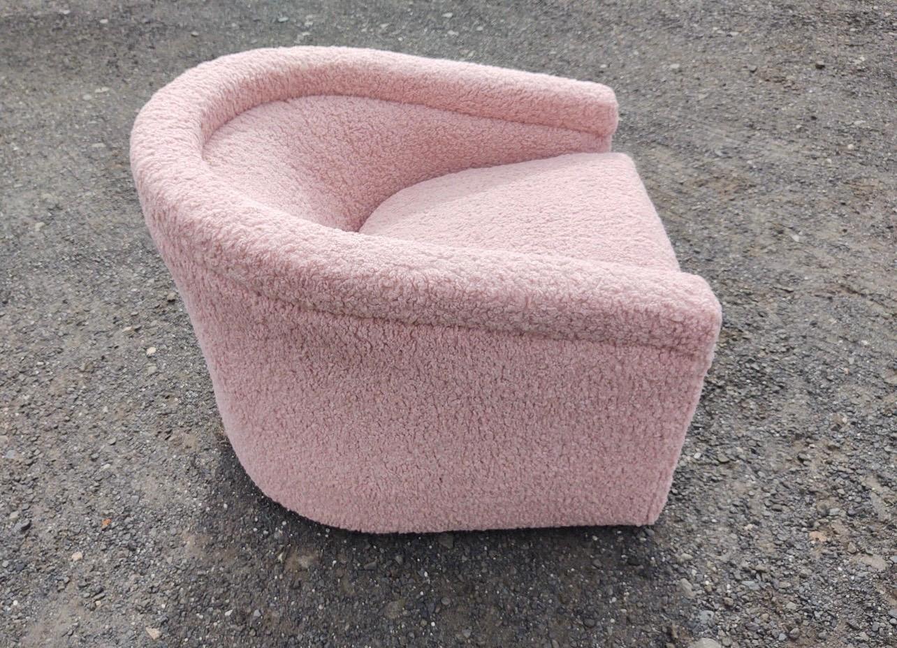 Mid-Century Modern Pair of Blush Pink Shearling Boucle Tub Chairs on Casters Newly Upholstered