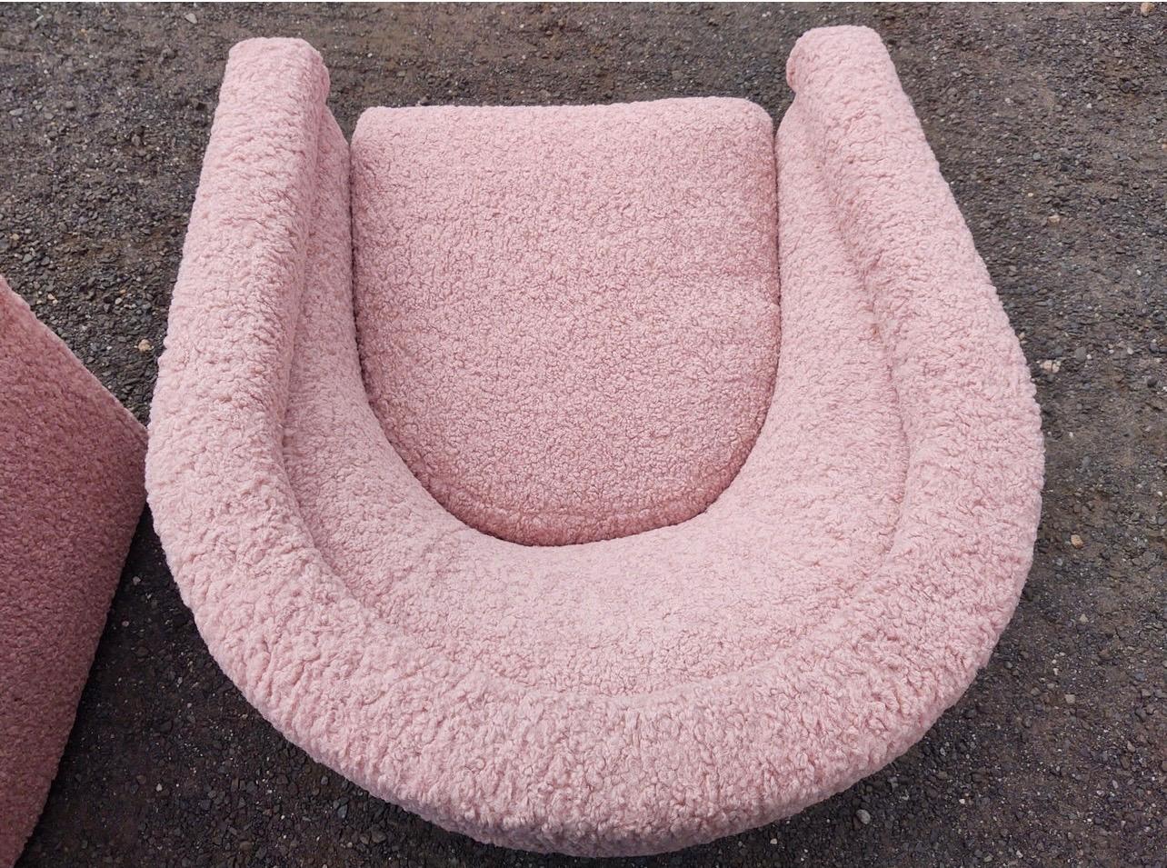 American Pair of Blush Pink Shearling Boucle Tub Chairs on Casters Newly Upholstered
