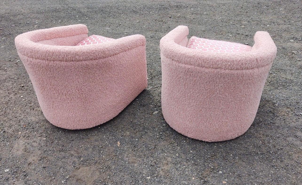 Pair of Blush Pink Shearling Boucle Tub Chairs on Casters Newly Upholstered In Good Condition In West Hartford, CT