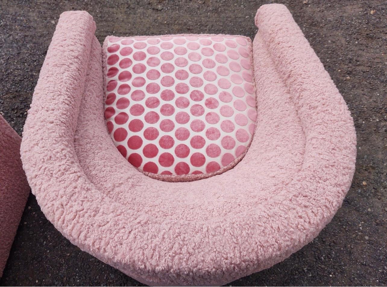 20th Century Pair of Blush Pink Shearling Boucle Tub Chairs on Casters Newly Upholstered