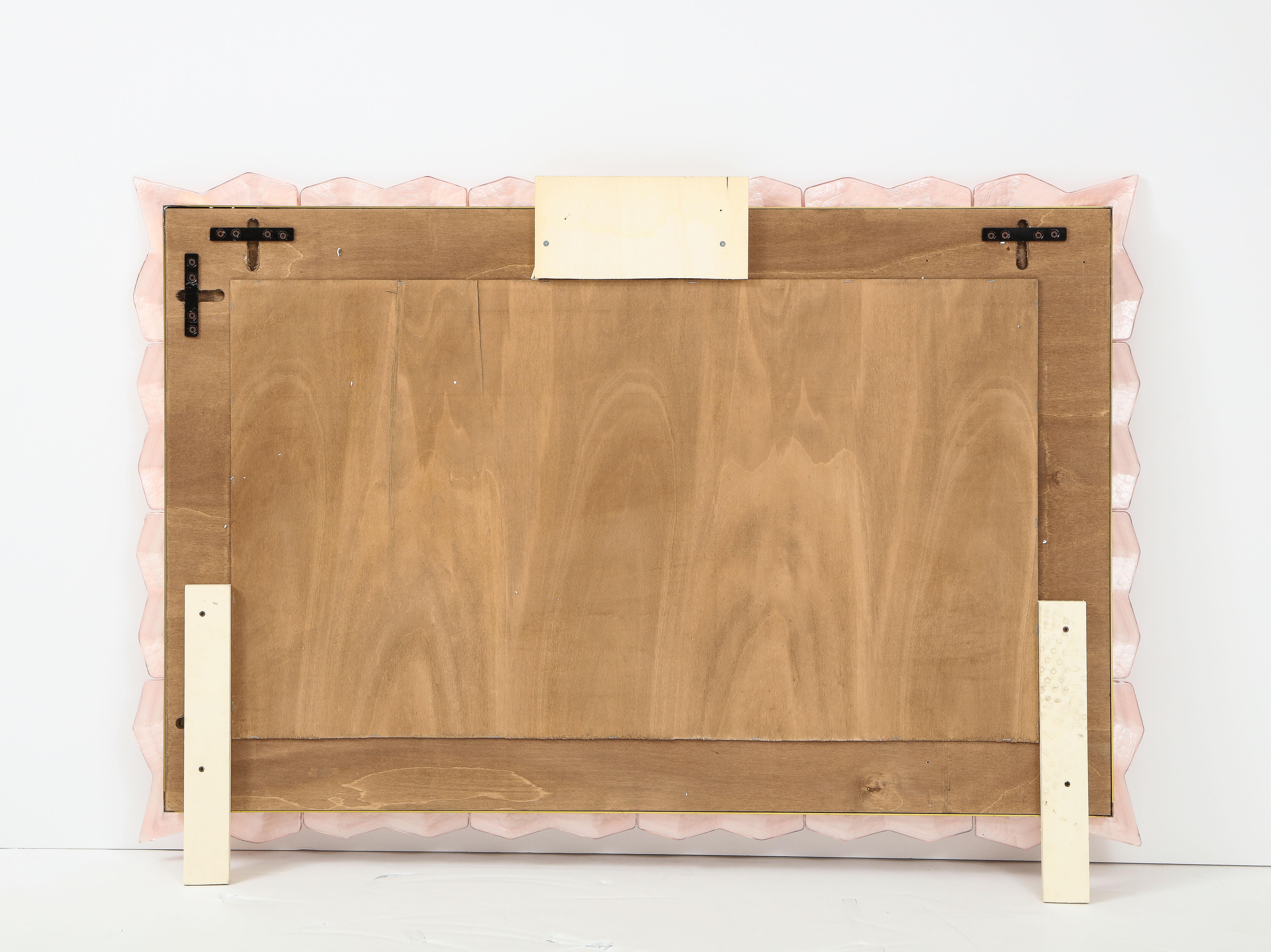 Pair of Rectangular Blush Pink Textured Murano Glass and Brass Mirrors, Italy 1