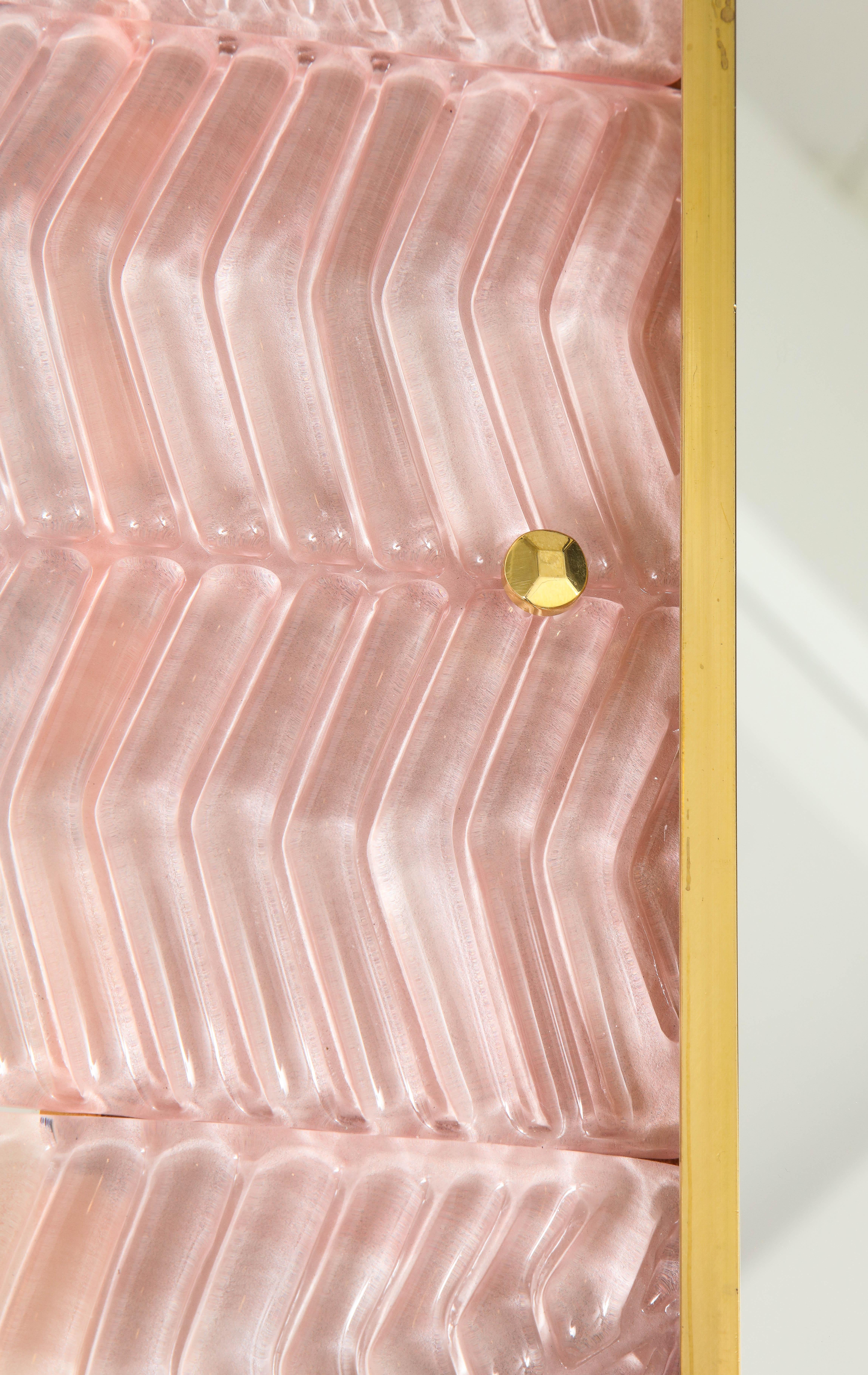 Pair of Rectangular Blush Pink Textured Murano Glass and Brass Mirrors, Italy 3