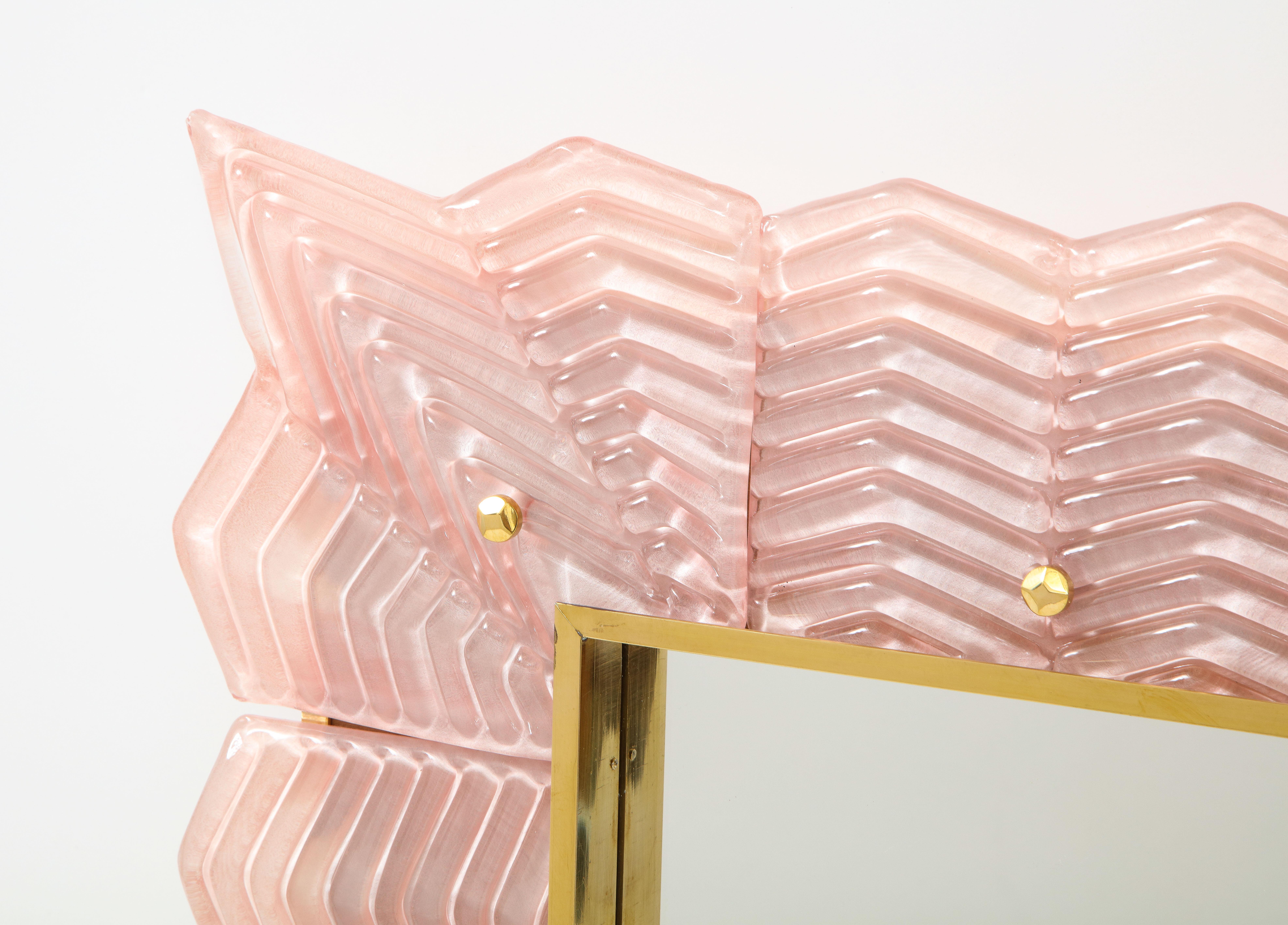 Pair of Rectangular Blush Pink Textured Murano Glass and Brass Mirrors, Italy 4