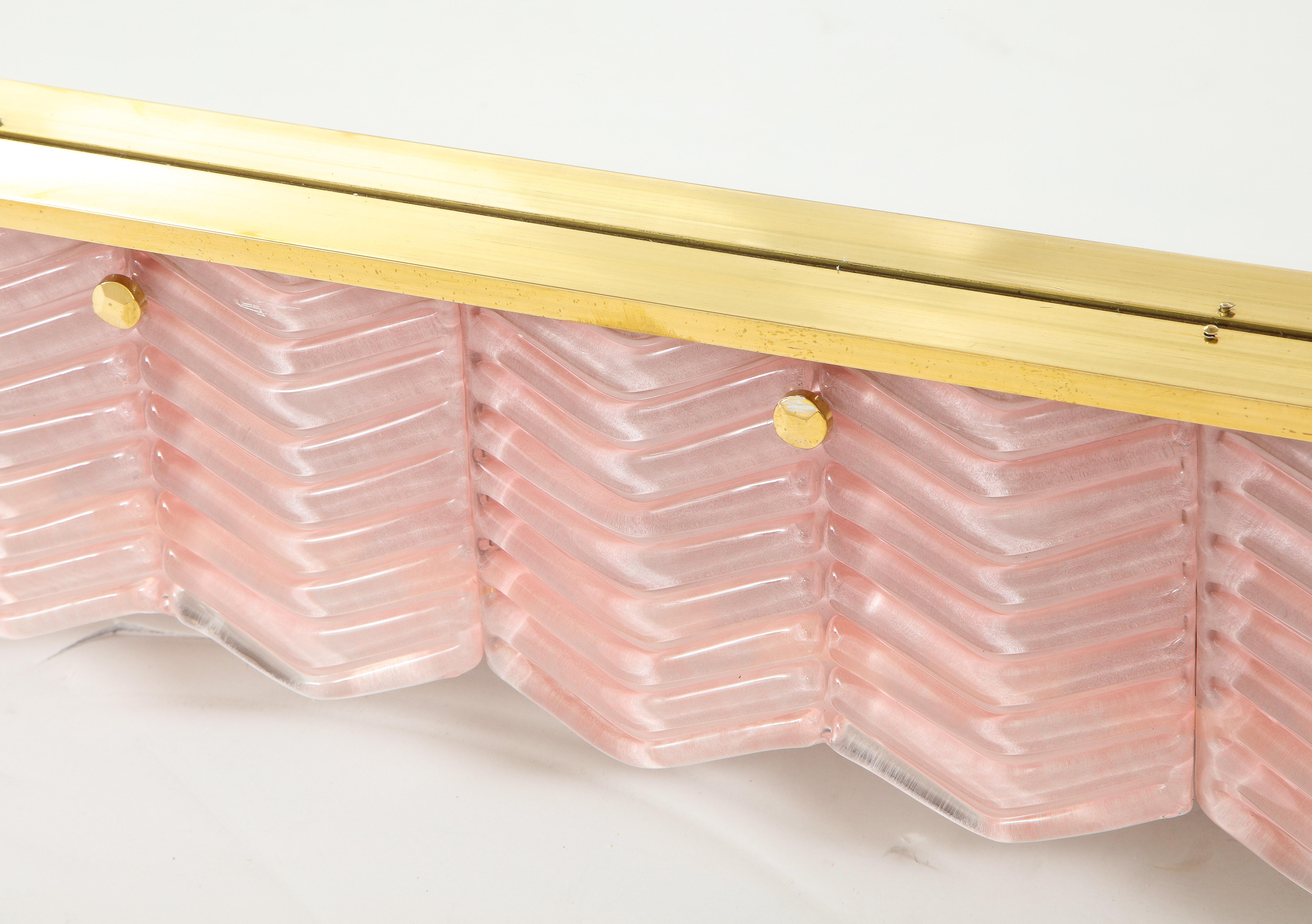 Pair of Rectangular Blush Pink Textured Murano Glass and Brass Mirrors, Italy 5