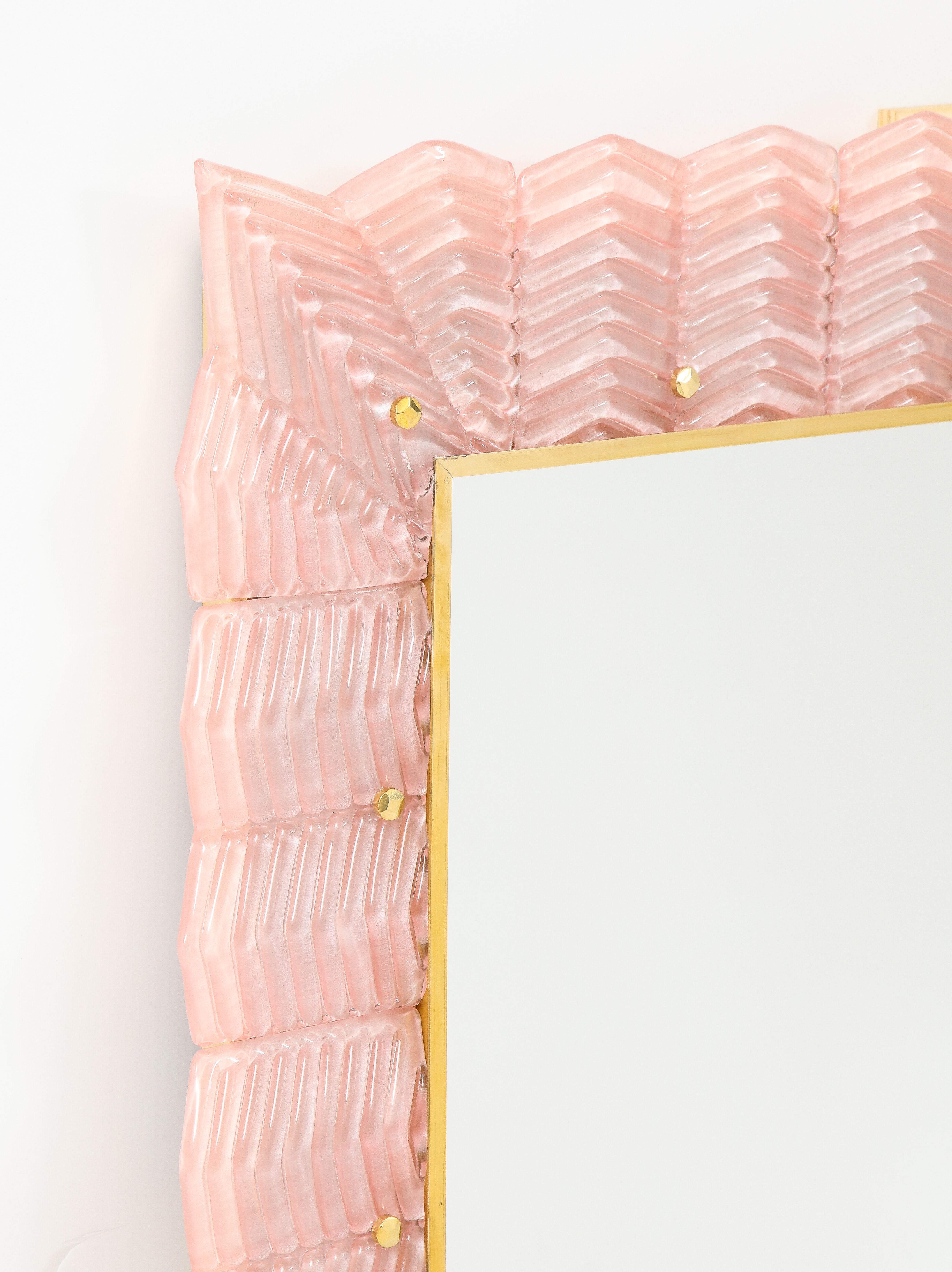 Italian Pair of Rectangular Blush Pink Textured Murano Glass and Brass Mirrors, Italy