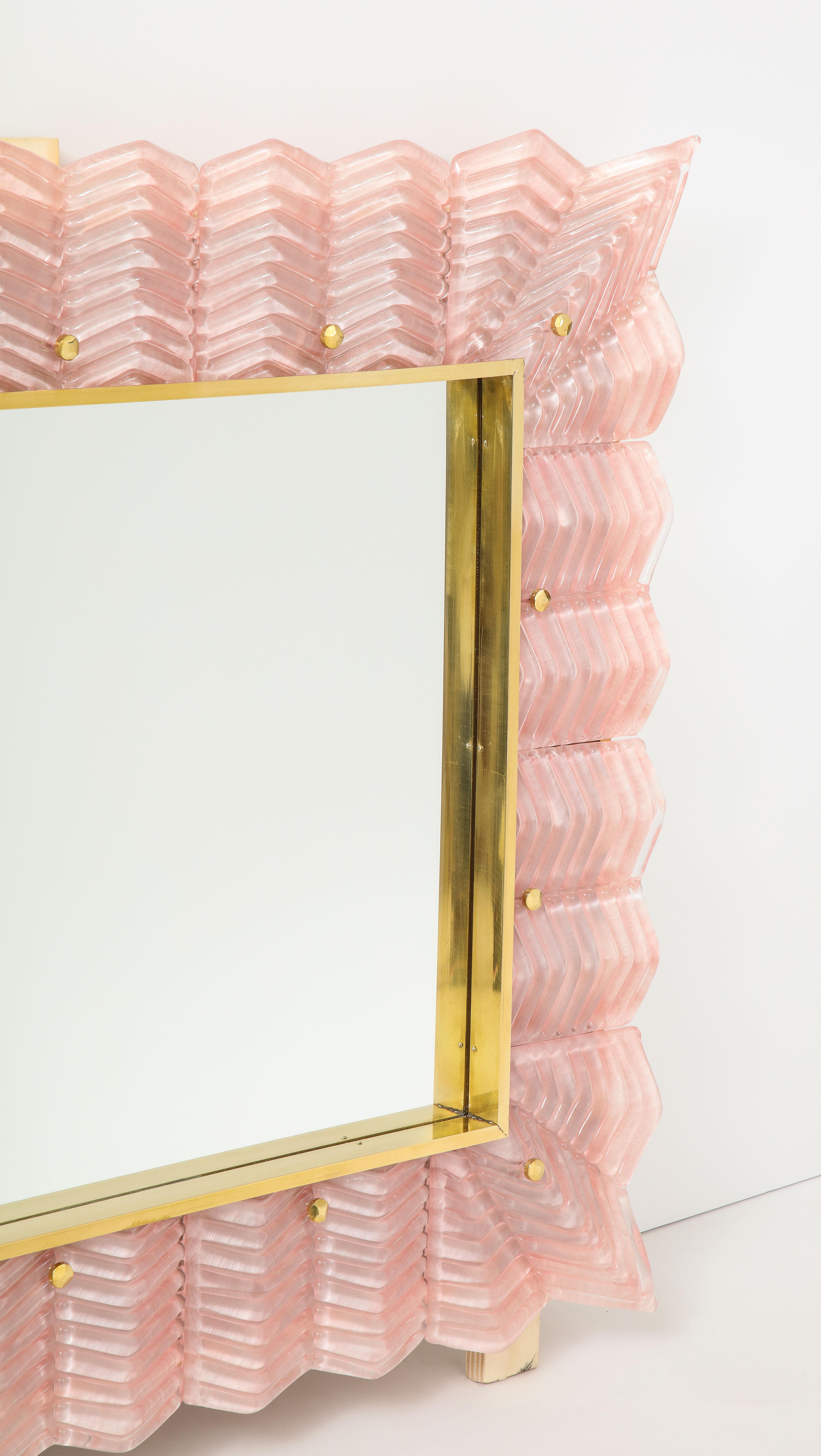 Hand-Crafted Pair of Rectangular Blush Pink Textured Murano Glass and Brass Mirrors, Italy