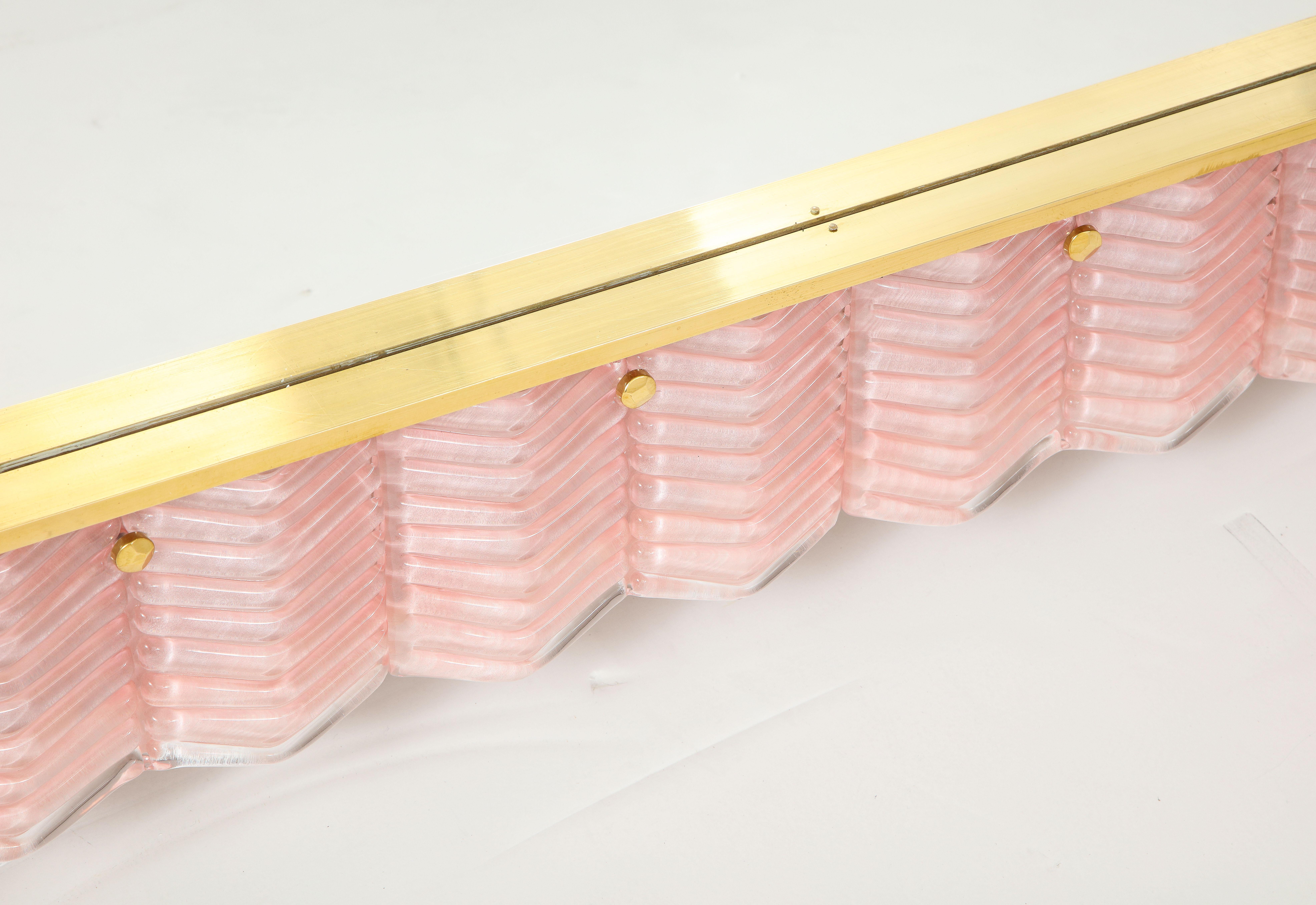 Pair of Rectangular Blush Pink Textured Murano Glass and Brass Mirrors, Italy In New Condition In New York, NY