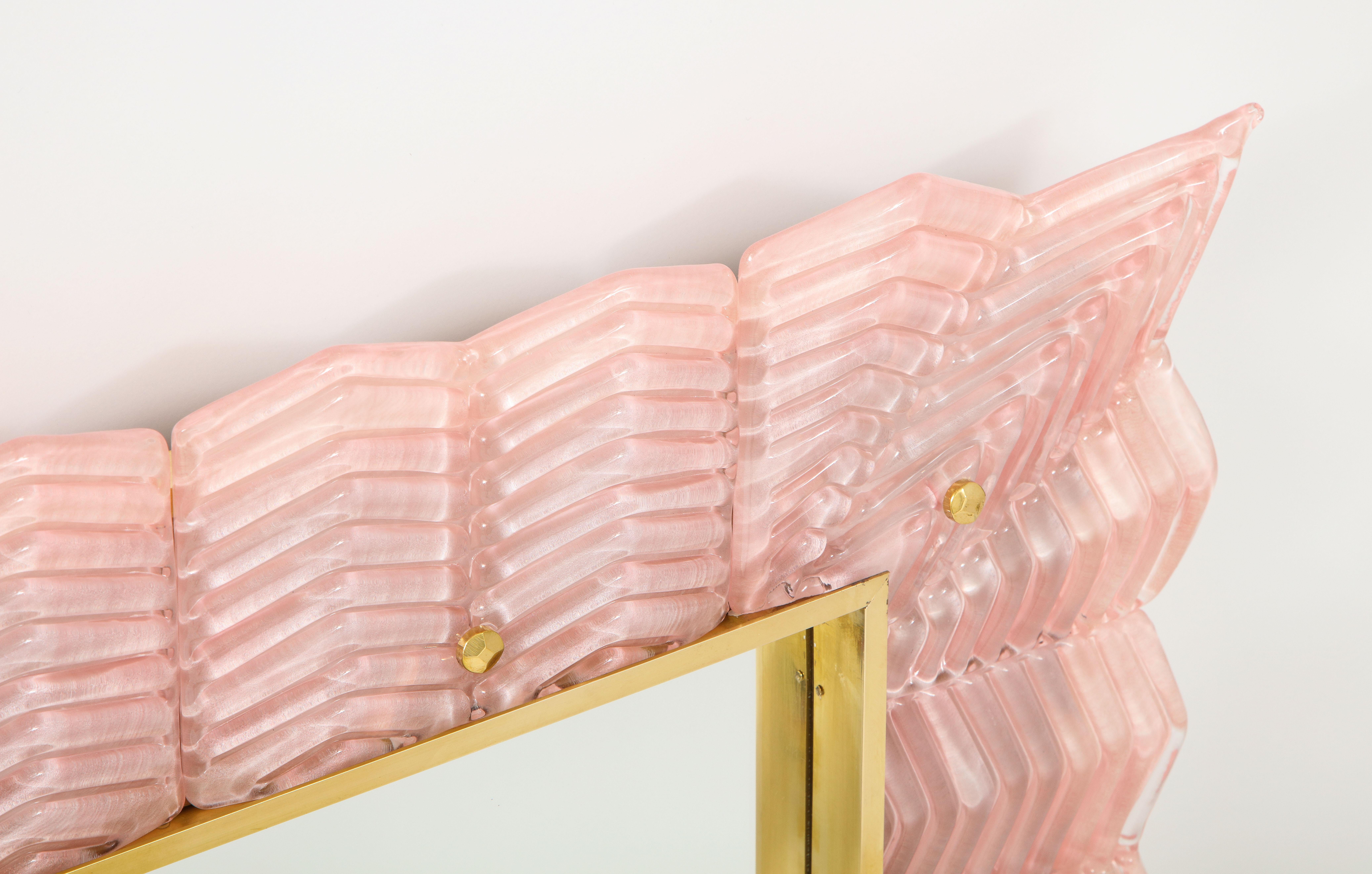 Contemporary Pair of Rectangular Blush Pink Textured Murano Glass and Brass Mirrors, Italy