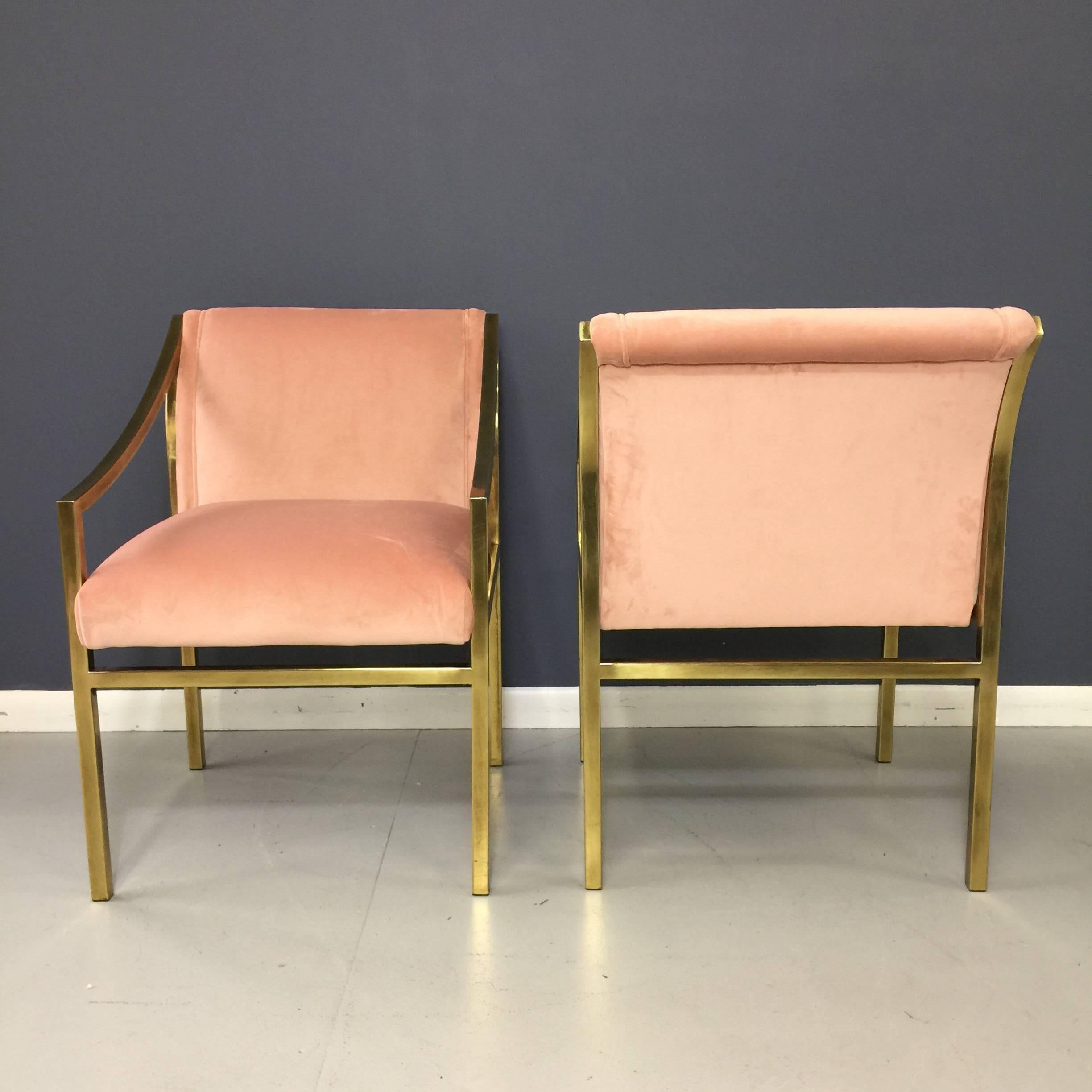 Hollywood Regency Pair of Blush Pink Velvet and Brass Armchairs