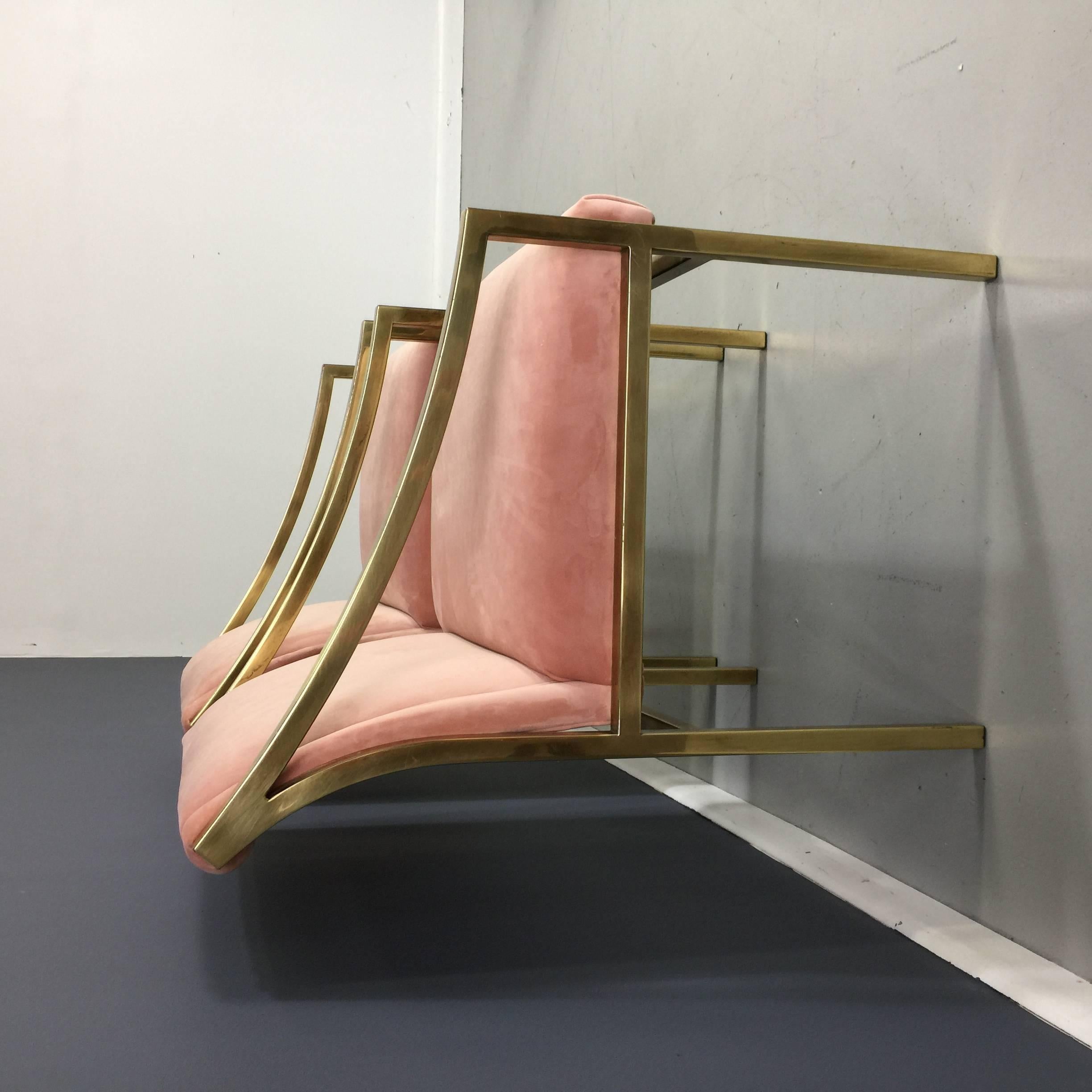 Pair of Blush Pink Velvet and Brass Armchairs In Excellent Condition In Philadelphia, PA