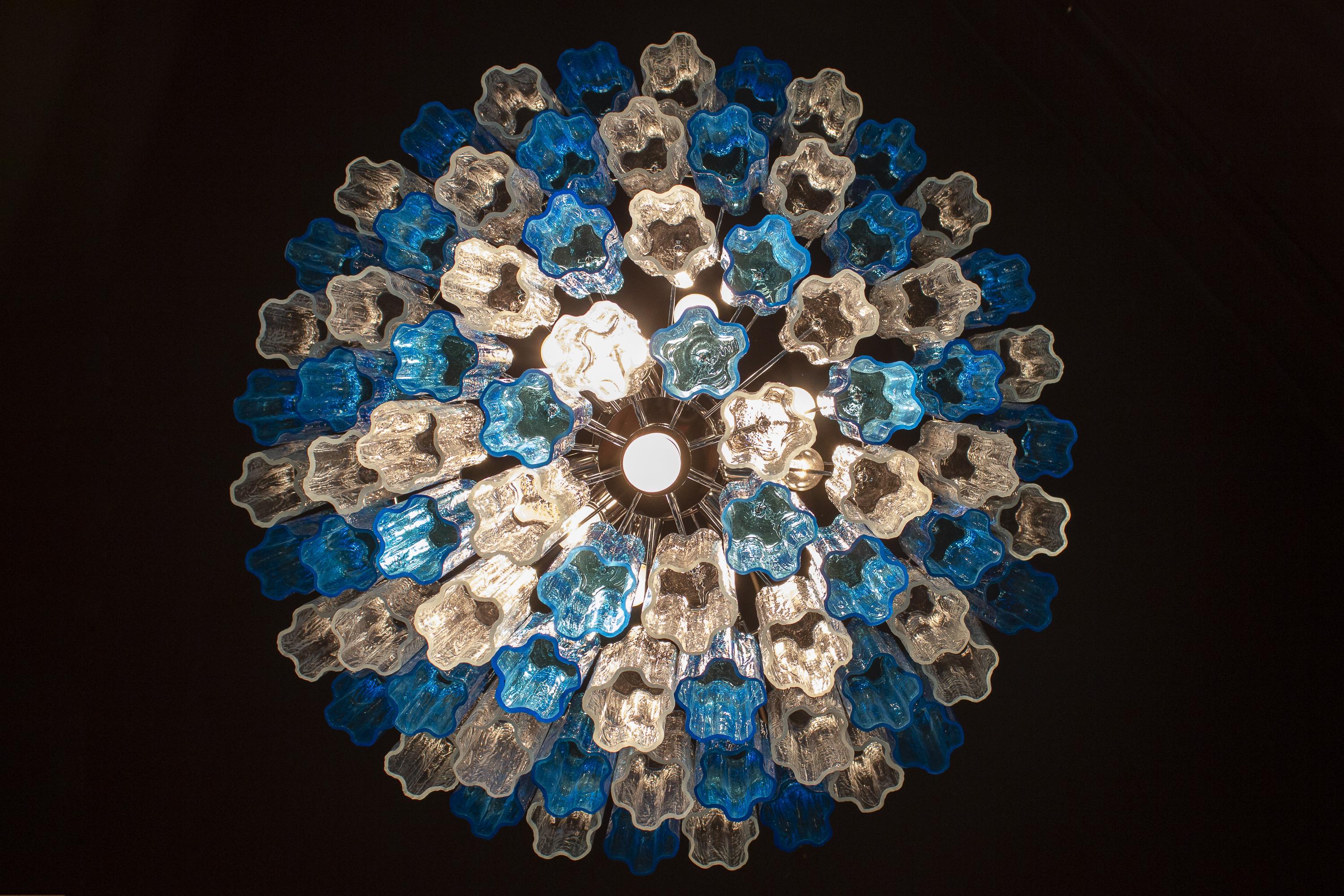 Pair of BluTurquoise and Ice Color Murano Glass Tronchi Chandelier Ceiling Light For Sale 3