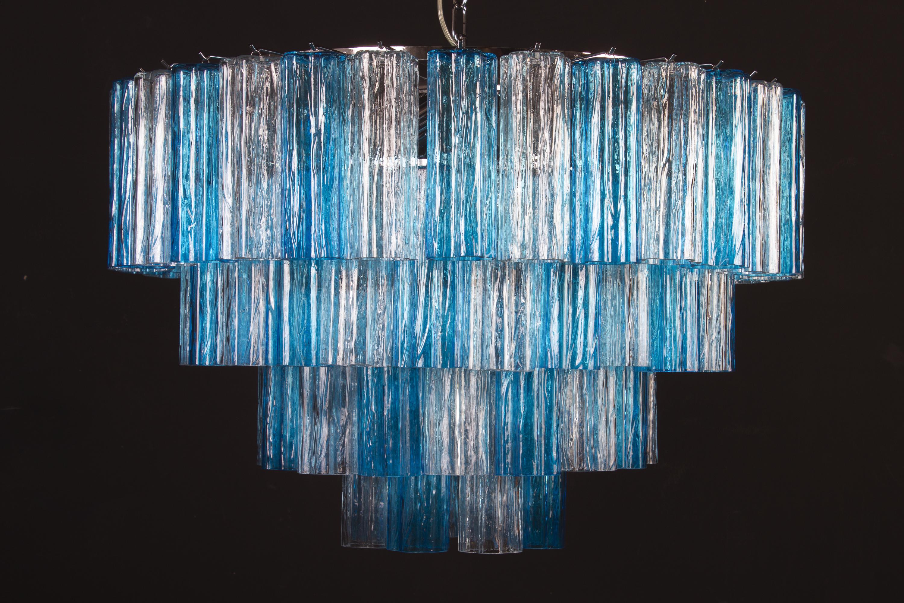 Italian Pair of BluTurquoise and Ice Color Murano Glass Tronchi Chandelier Ceiling Light For Sale