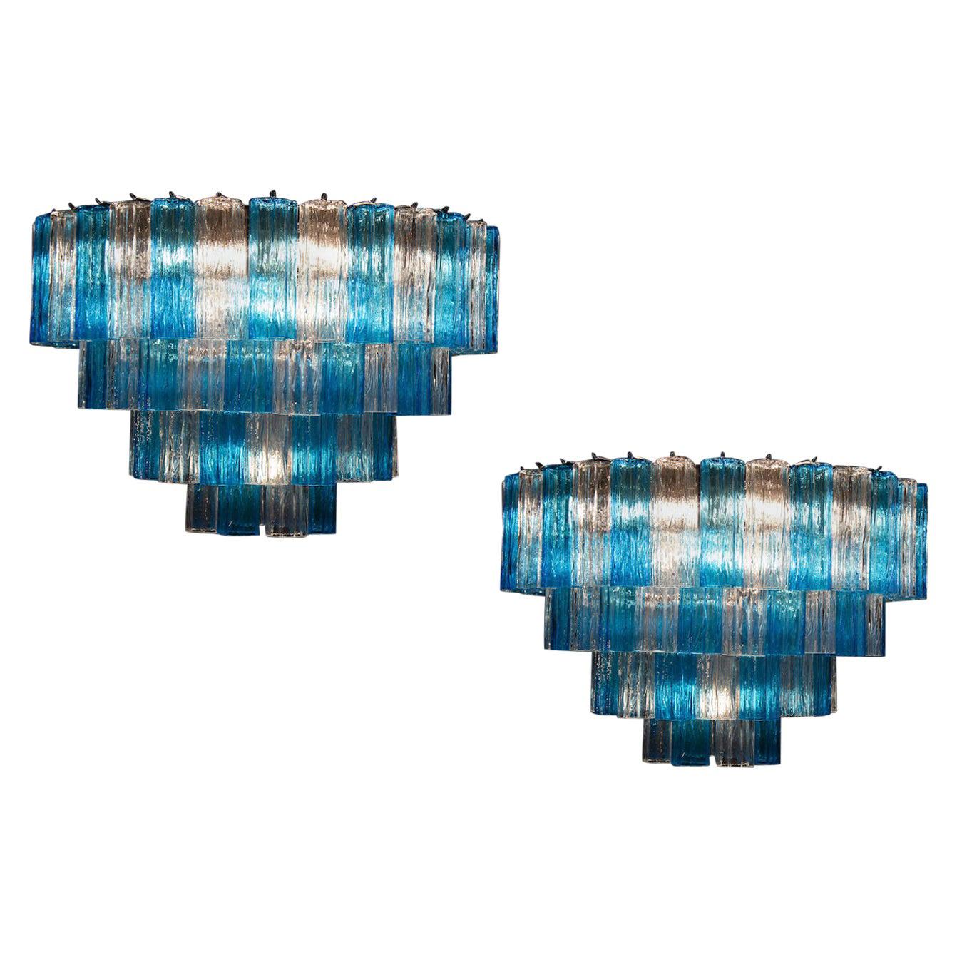 Pair of BluTurquoise and Ice Color Murano Glass Tronchi Chandelier Ceiling Light