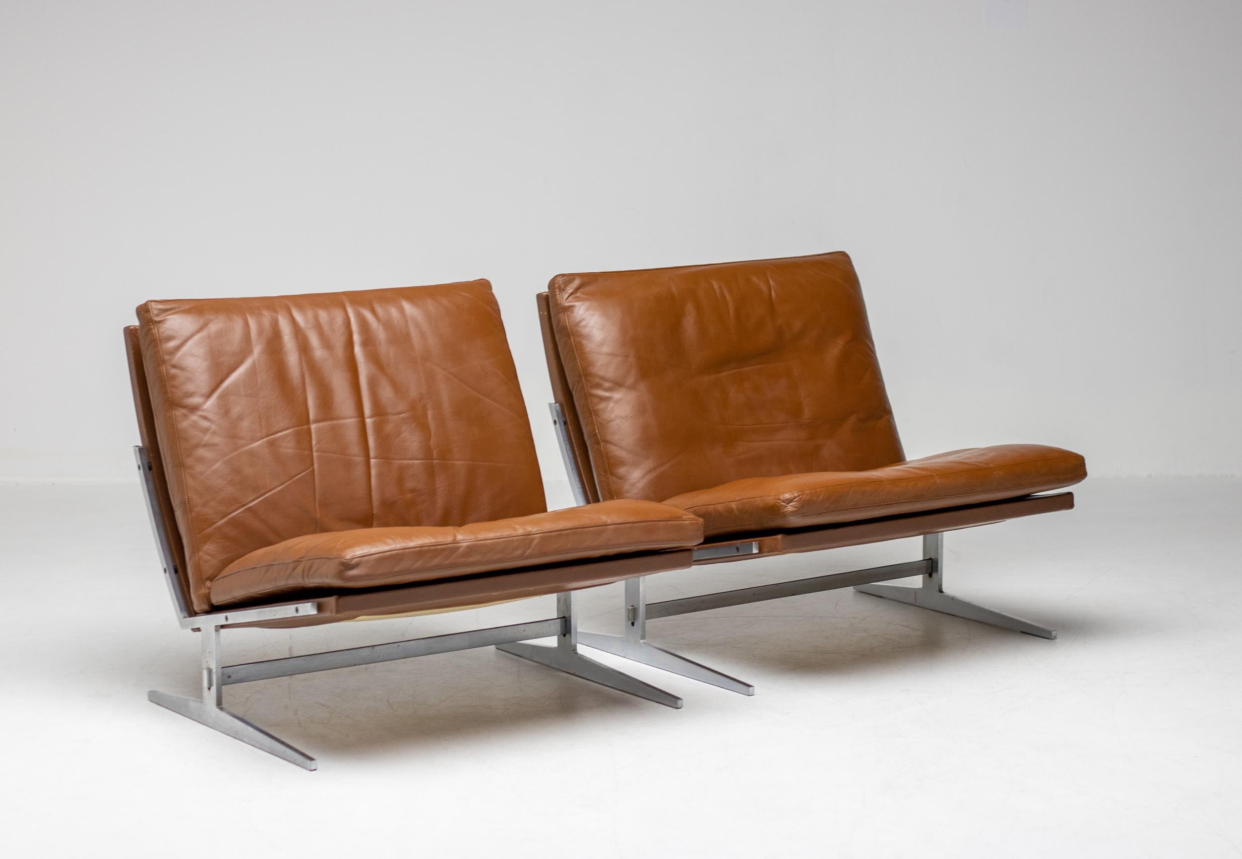 Two Danish BO-561 chairs in matte chromed steel and leather designed by Preben Fabricius & Jorgen Kastholm for BO-EX. These Scandinavian architectural design classics where made circa 1965 and are robust and very comfortable. They are in very nice