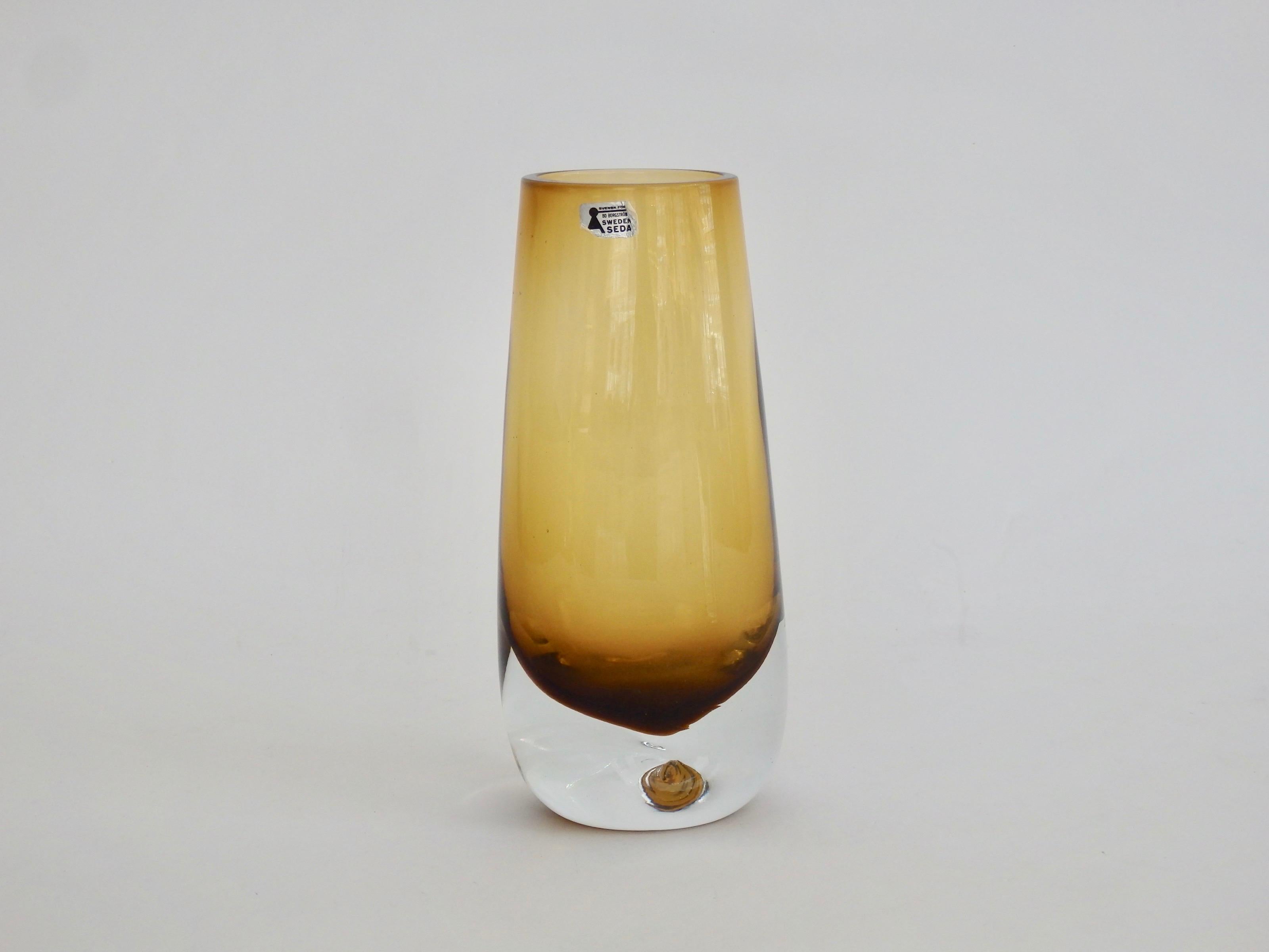 Scandinavian Modern Pair of Bo Borgstrom for Aseda Amber Glass Vases