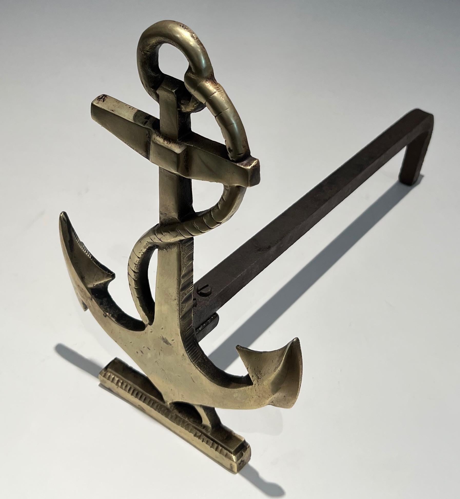 Pair of Boat Anchor Brass Andirons For Sale 4