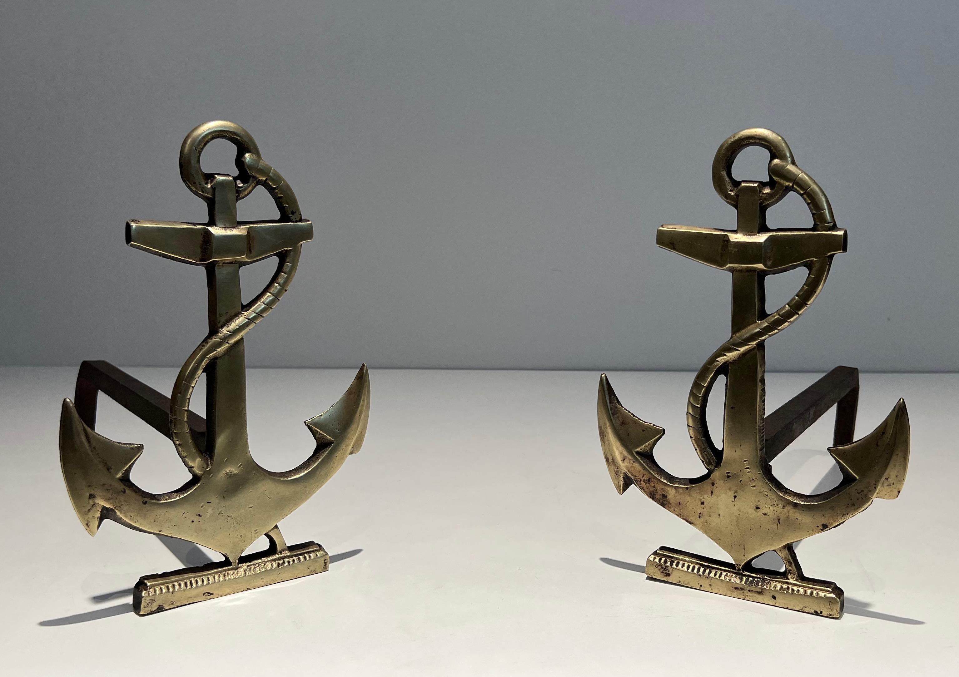 Pair of Boat Anchor Brass Andirons For Sale 5