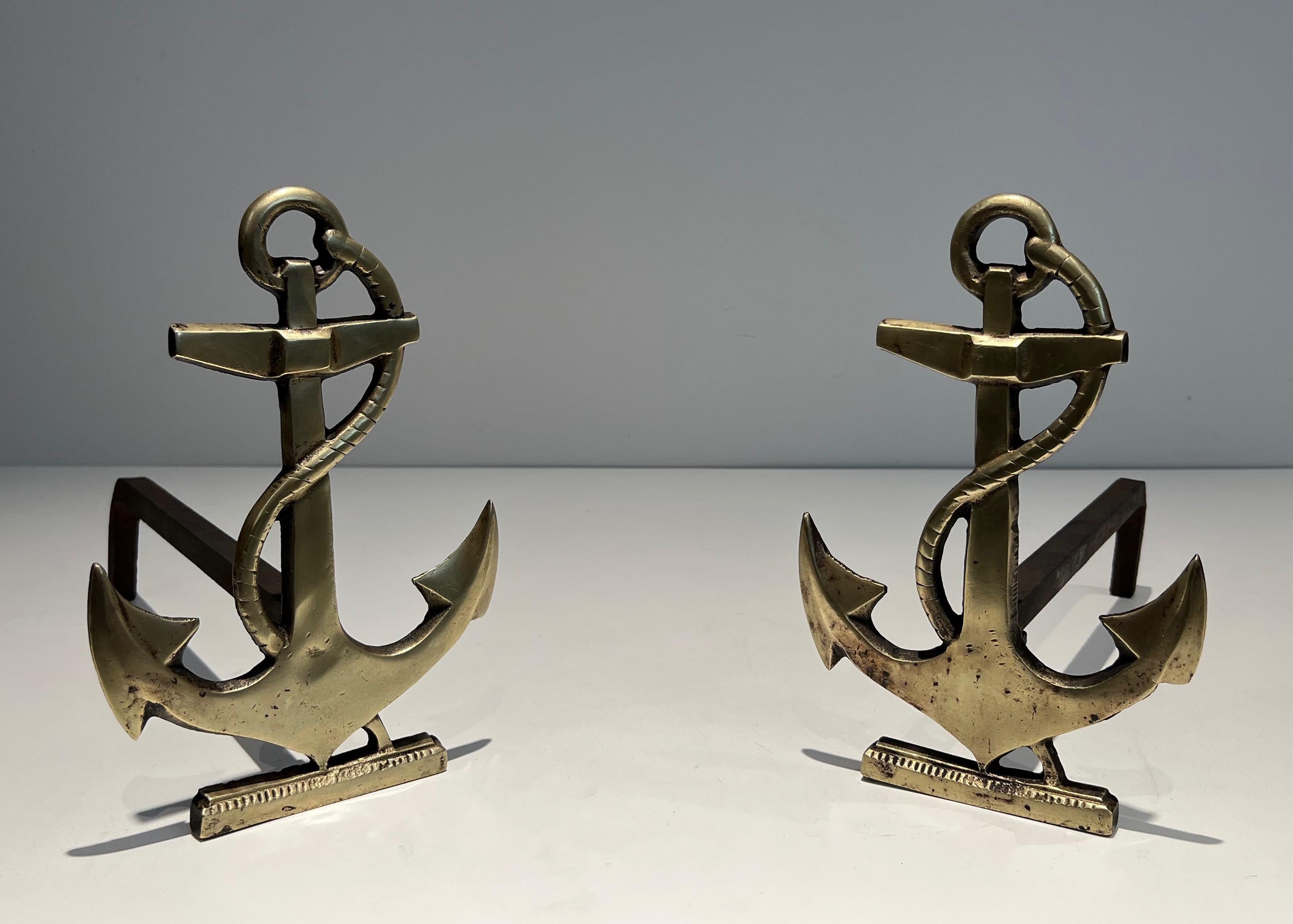 Pair of Boat Anchor Brass Andirons For Sale 6