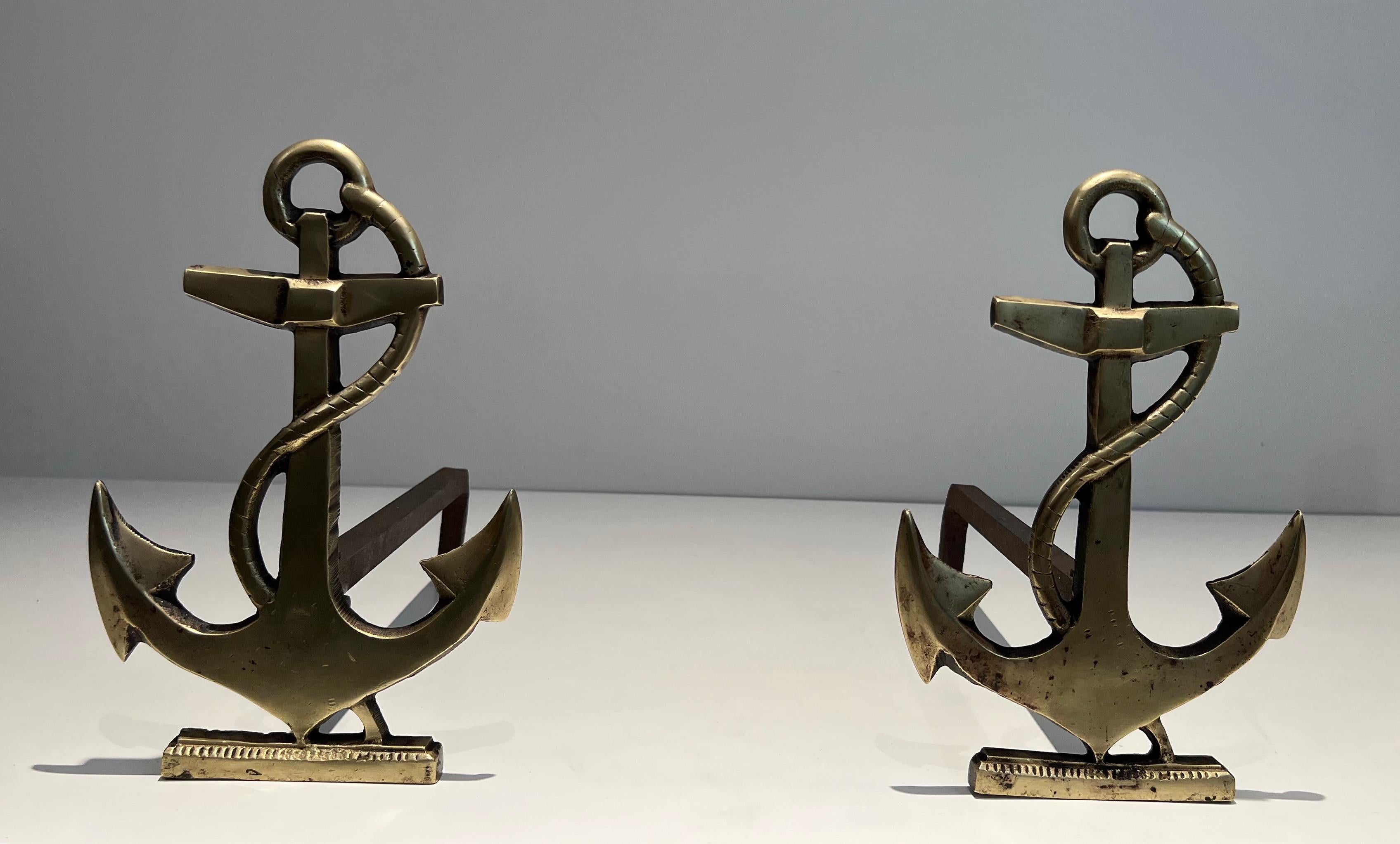 Mid-Century Modern Pair of Boat Anchor Brass Andirons For Sale