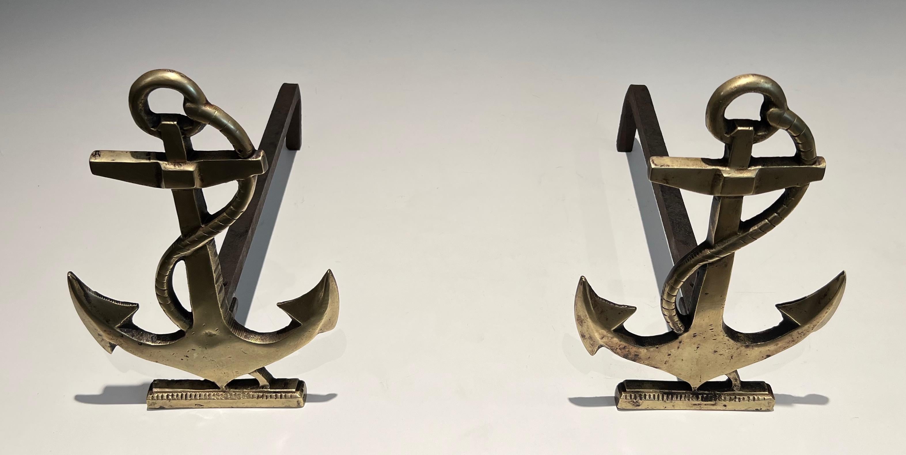 French Pair of Boat Anchor Brass Andirons For Sale