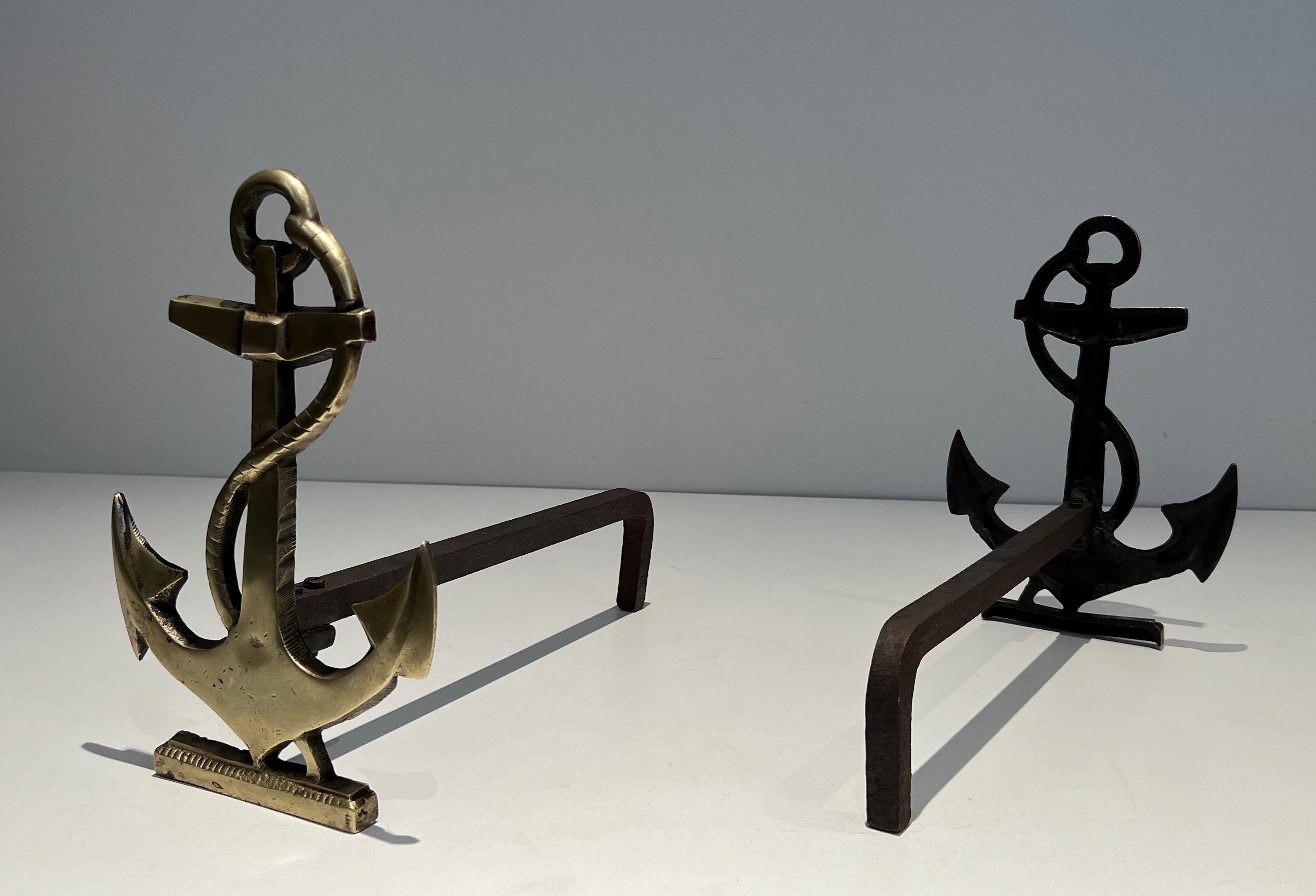 Pair of Boat Anchor Brass Andirons In Good Condition For Sale In Marcq-en-Barœul, Hauts-de-France