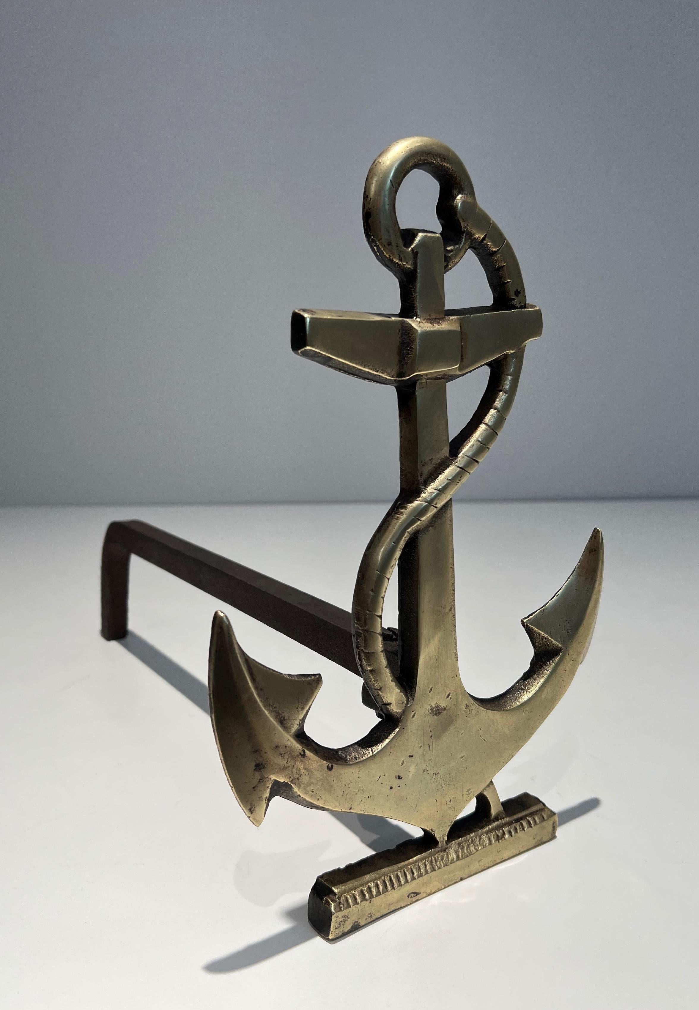 Late 20th Century Pair of Boat Anchor Brass Andirons For Sale