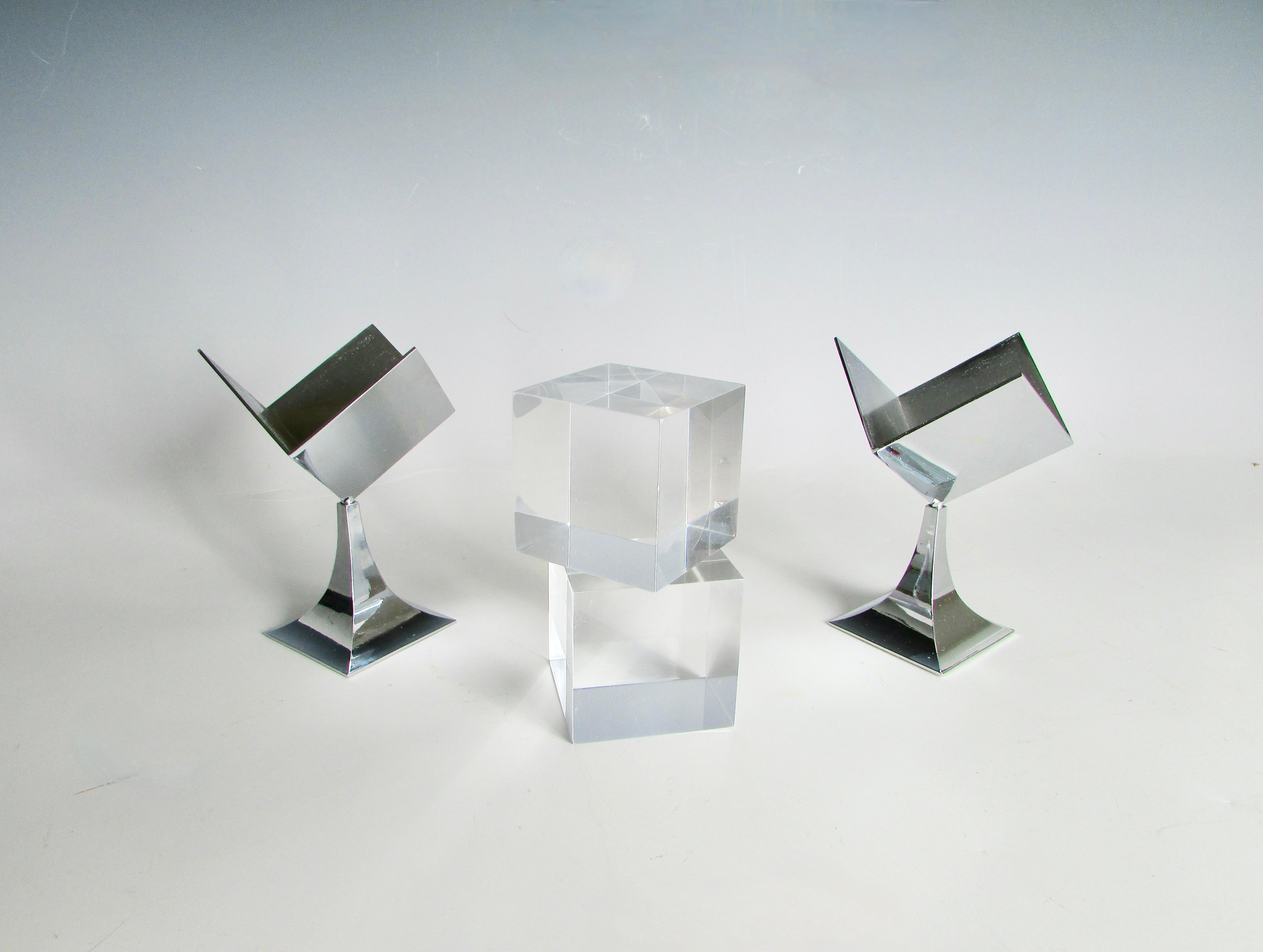 Chrome Pair of Bob Cornell op art era photo cubes on rotating chrome base For Sale