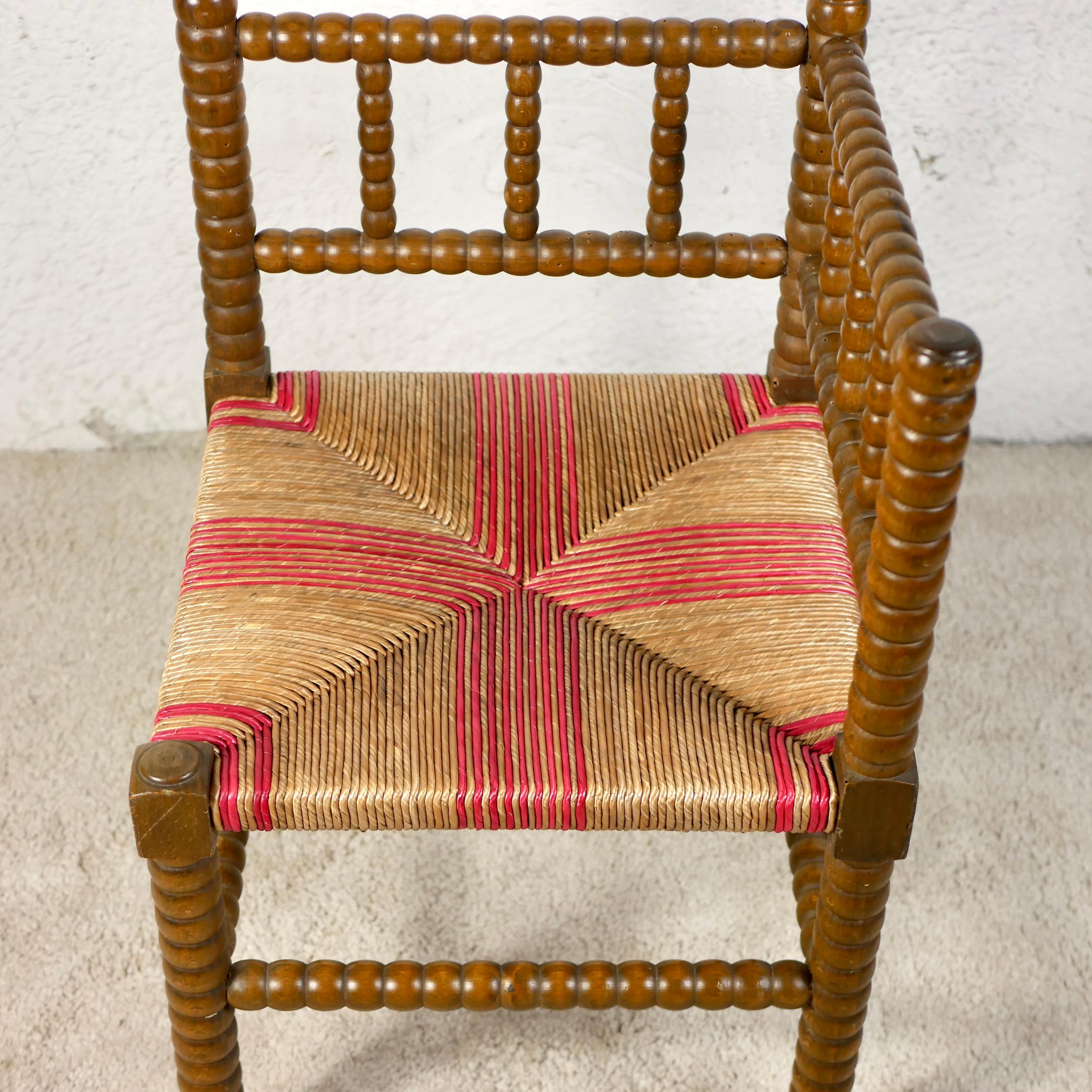 Pair of Bobbin corner chairs, wood and straw, France, early 20th century For Sale 3
