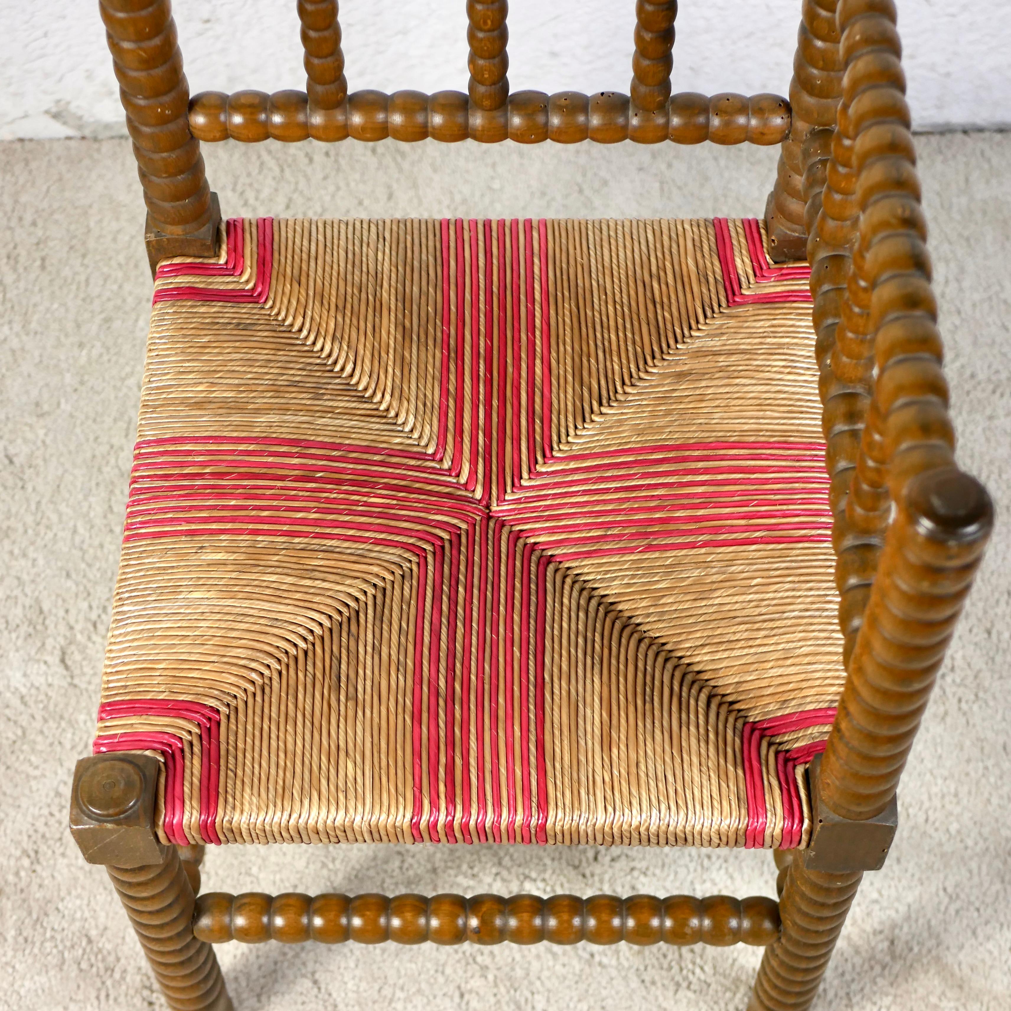 Pair of Bobbin corner chairs, wood and straw, France, early 20th century For Sale 4