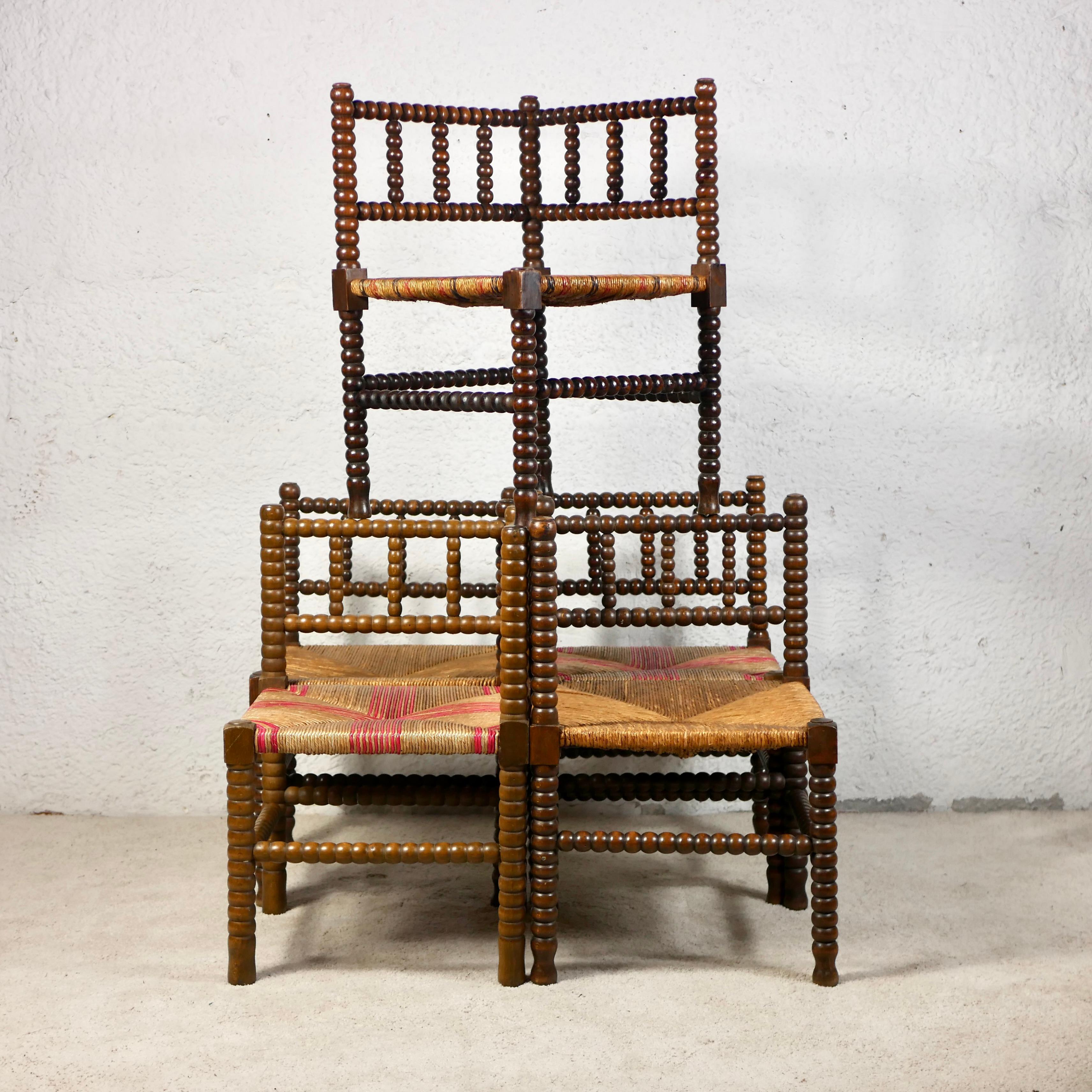 Pair of Bobbin corner chairs, wood and straw, France, early 20th century 5